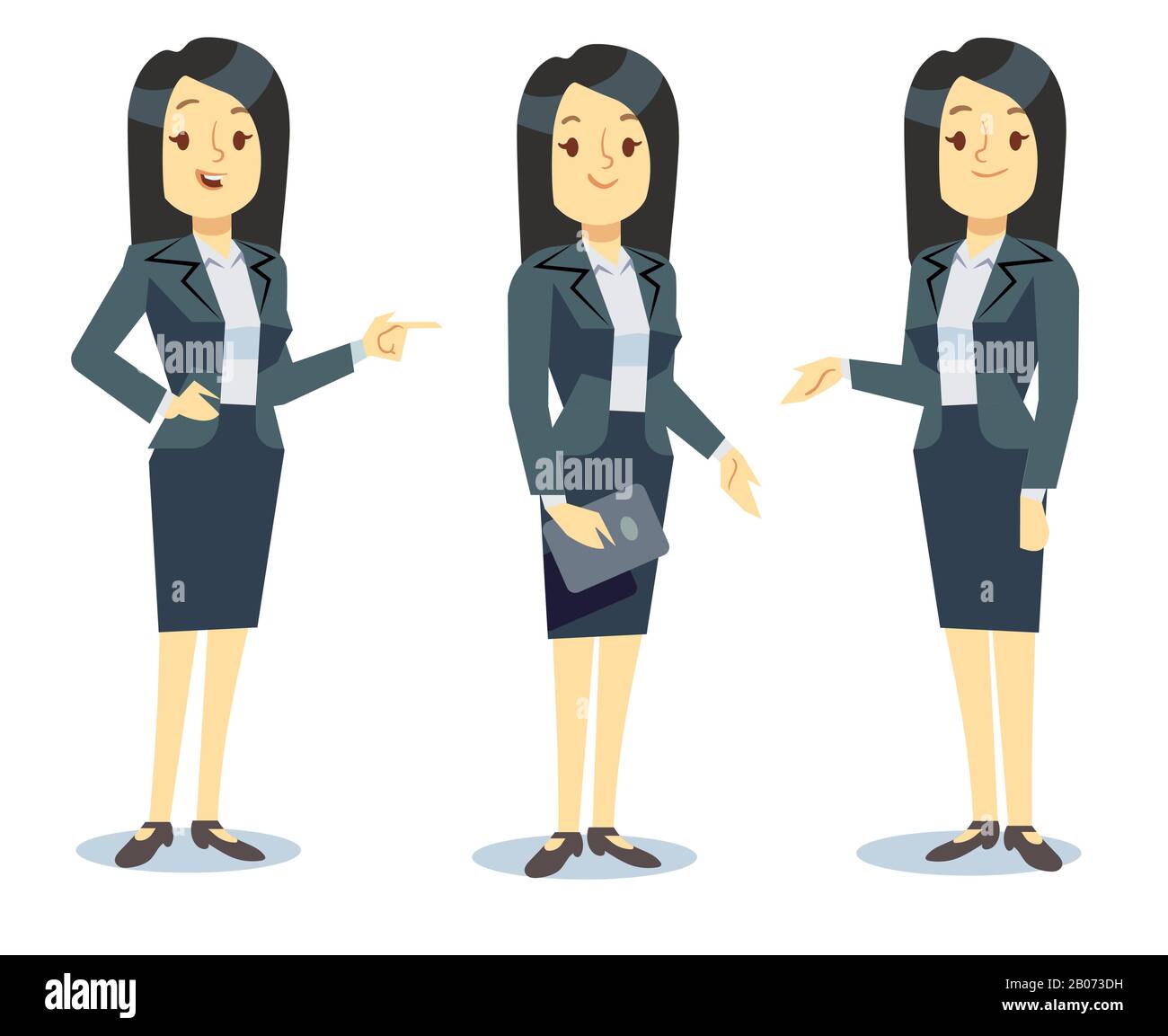 Divertente personaggio cartone animato businesswoman in diverse pose per la presentazione aziendale. Direttore professionale giovane signora in abito formale. Illustrazione del vettore Illustrazione Vettoriale