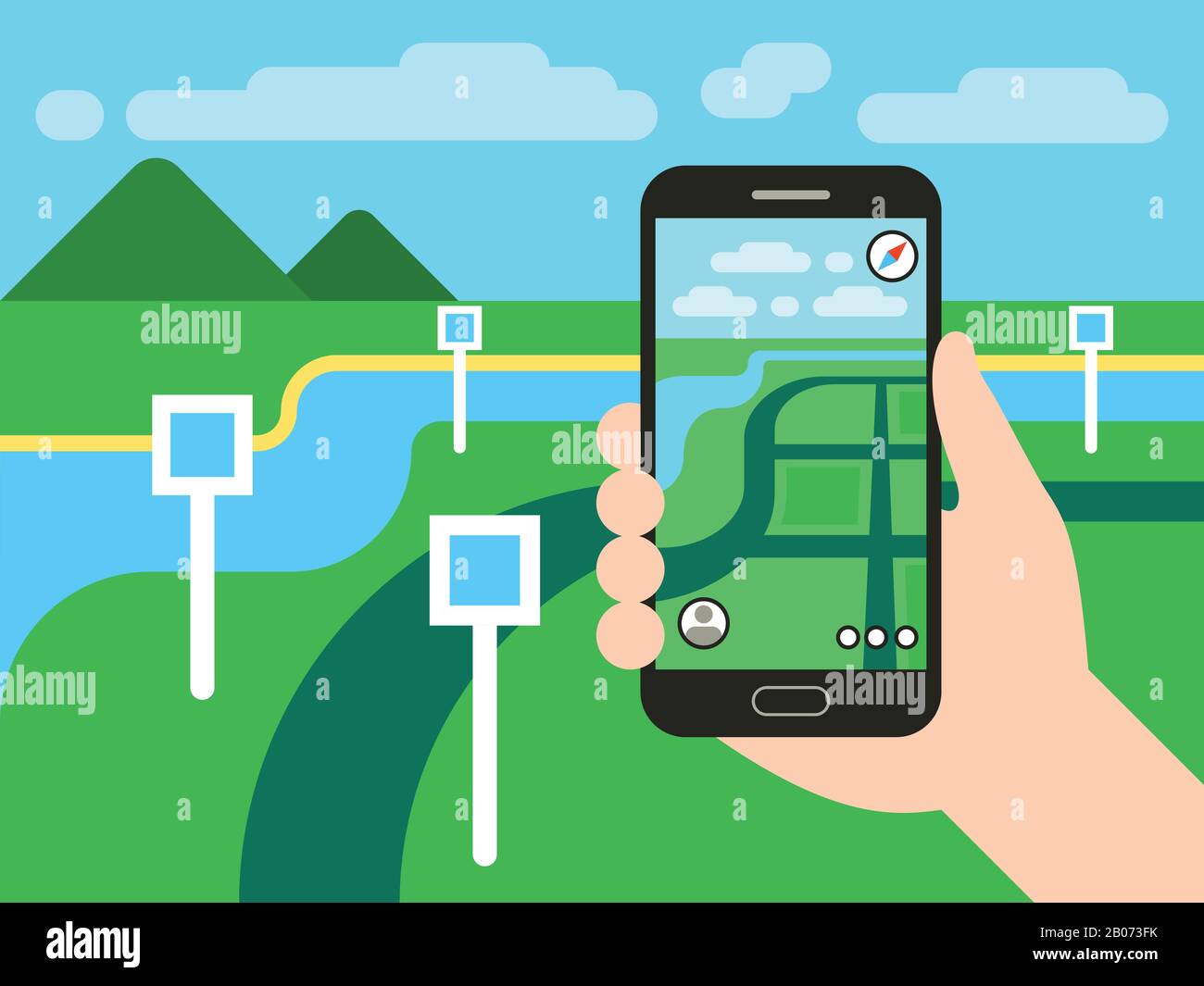 Smartphone con sistema di navigazione gps mobile e mappa con pin. Concetto di gioco di app vettoriali. Illustrazione del posizionamento della ach. Posizione Illustrazione Vettoriale