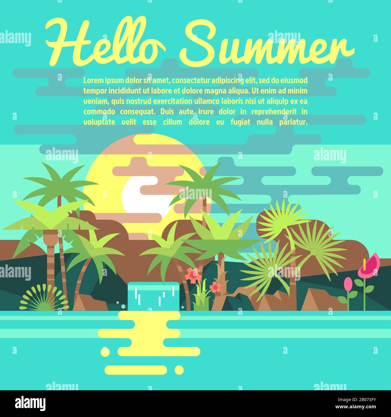 Tropici estate vacanza vettore sfondo in stile appartamento alla moda. Banner per la pubblicità di agenzia di viaggi illustrazione Illustrazione Vettoriale