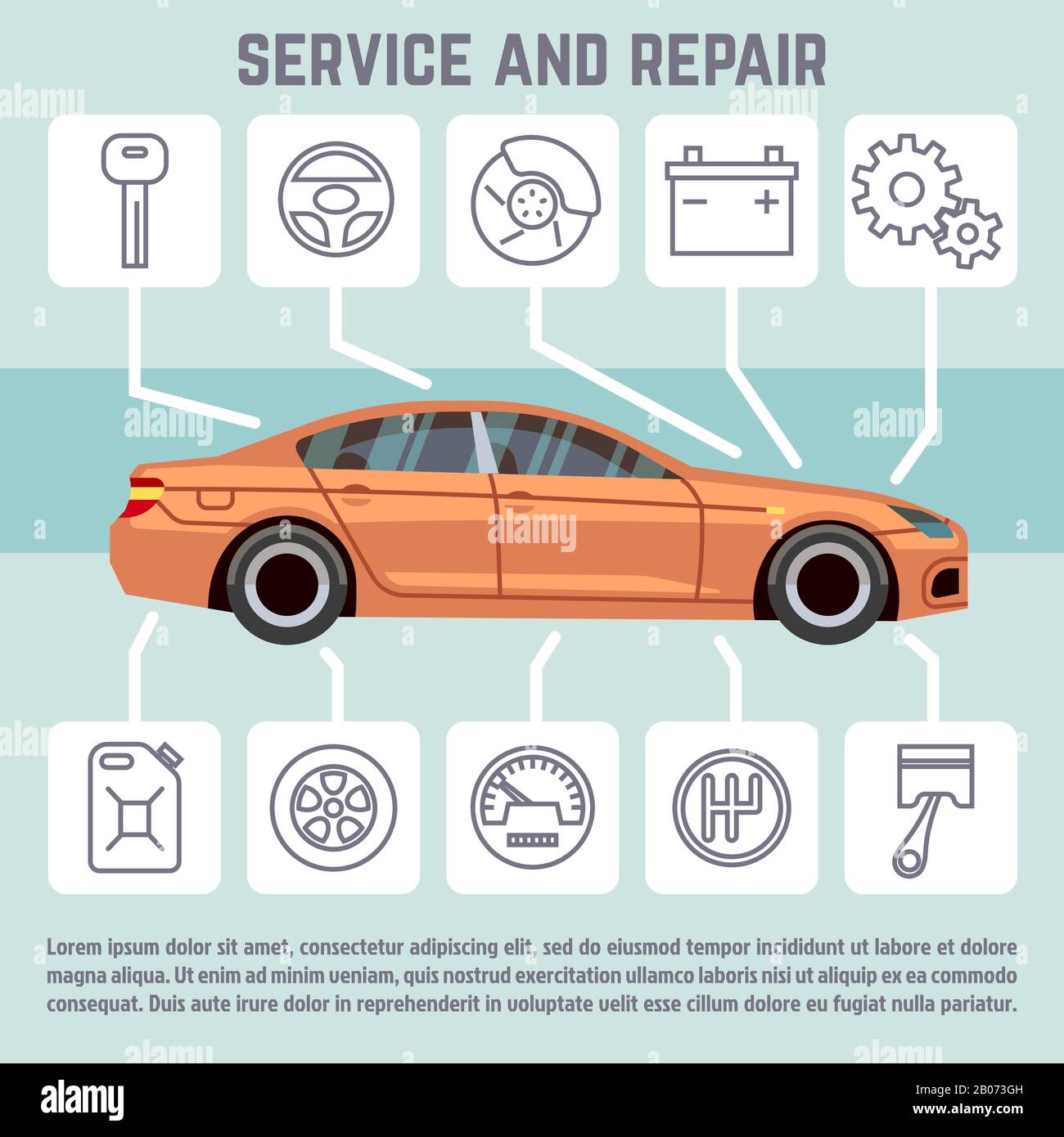 Icone delle linee di assistenza e riparazione per auto e parti di ricambio, modelli infografici vettoriali. Banner con trasmissione tachimetro per auto, freni e illustrazione della batteria Illustrazione Vettoriale