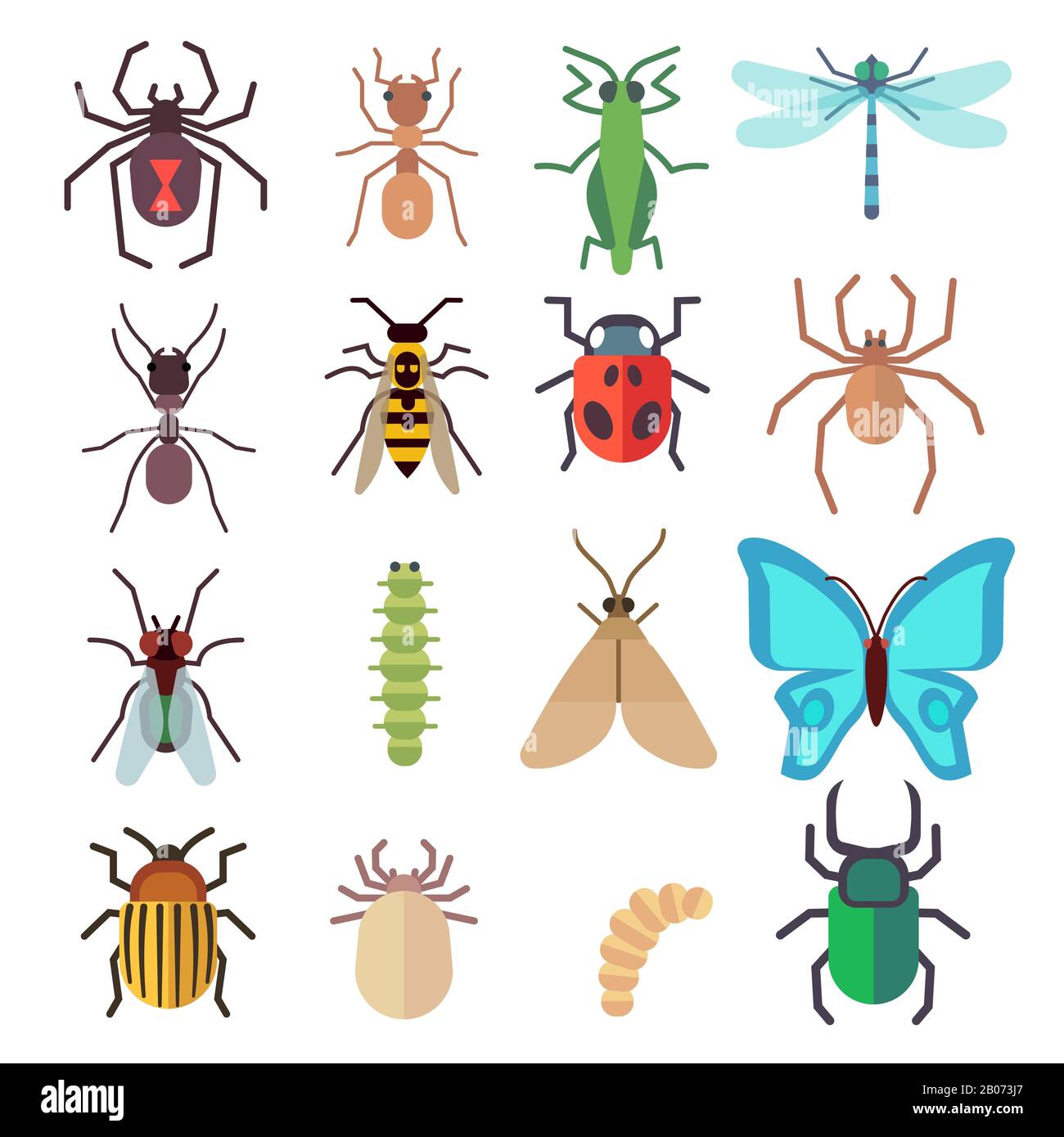 Set di icone a forma piatta per insetti. Farfalla e bug, volare e formica illustrazione Illustrazione Vettoriale