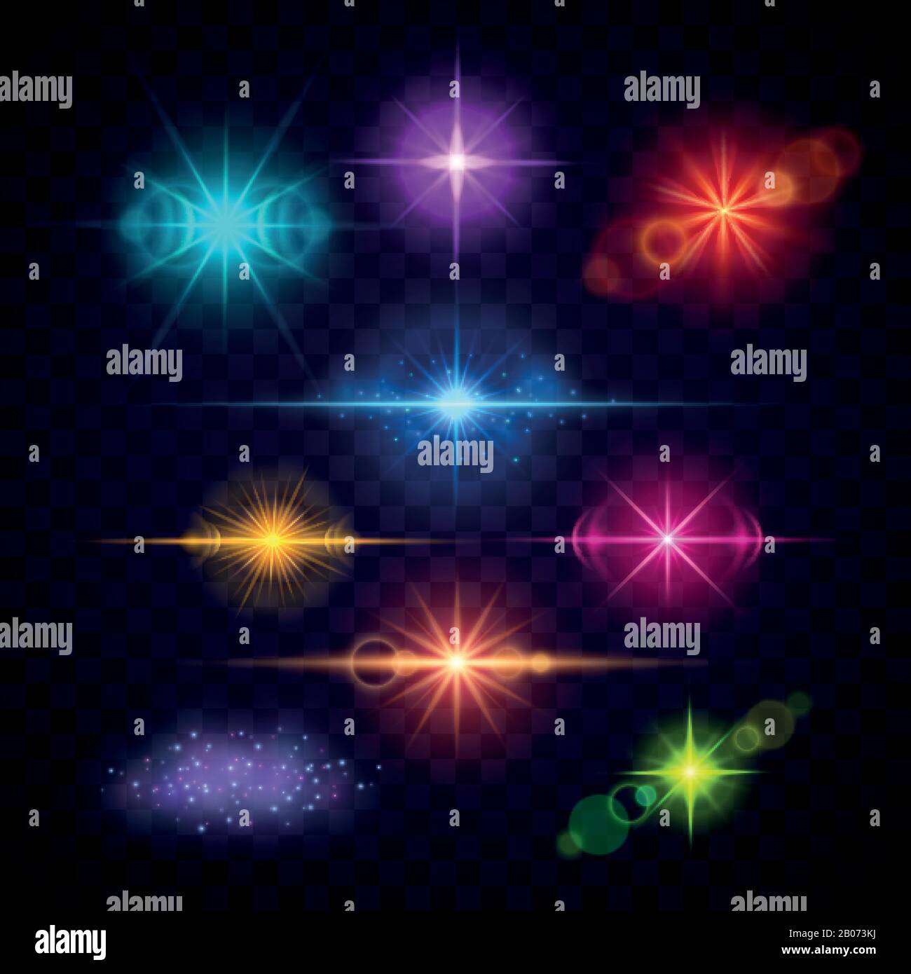 Effetti di luce flare con lenti a colori realistici, set di luci vettoriali per feste. Illustrazione dei lampeggi luminosi multicolore Illustrazione Vettoriale