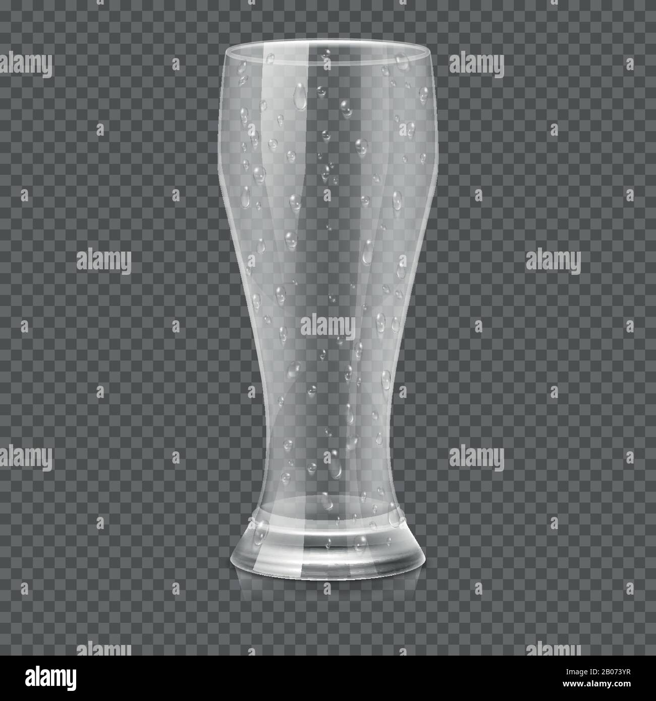 Bicchiere di birra vuoto isolato su sfondo trasparente a scacchi illustrazione vettoriale. Tazza trasparente per bevande e acqua Illustrazione Vettoriale