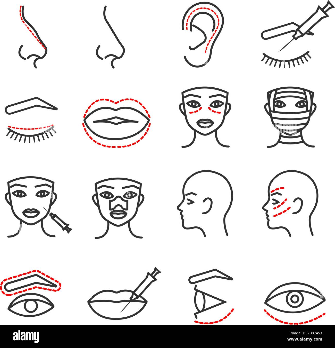 Set di icone a linea sottile vettoriali per chirurgia estetica facciale. Procedura medica con l'illustrazione dell'occhio, del labbro e del naso Illustrazione Vettoriale