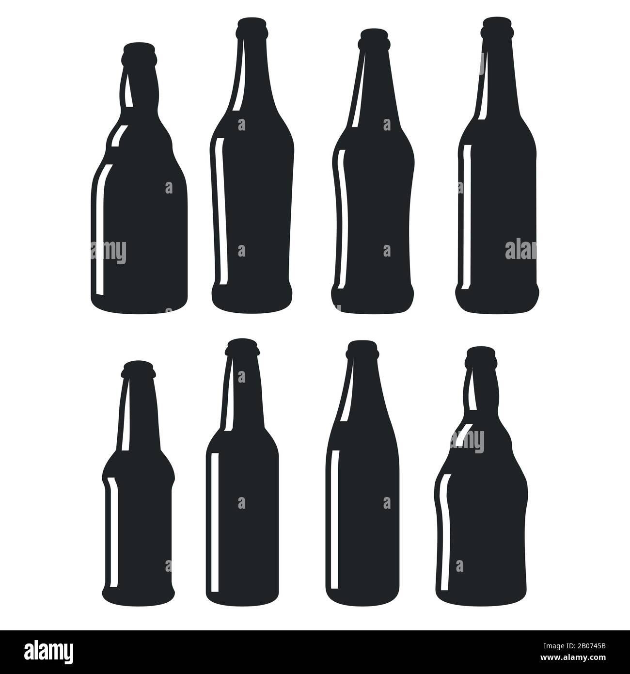 Bottiglie di birra diverse forme icone vettoriali nere. Illustrazione del design della silhouette della collezione di bottiglie Illustrazione Vettoriale