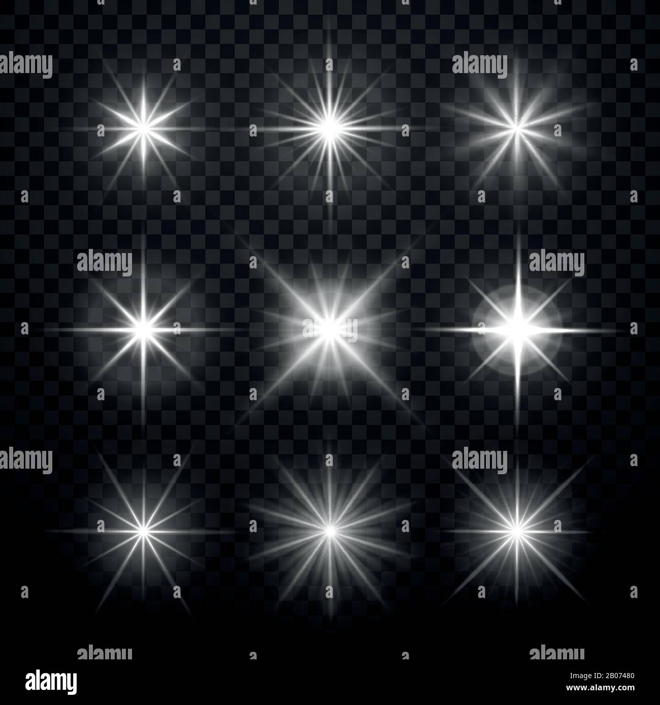 Effetti di luce incandescente, stelle scoppia con sparkles isolato su sfondo trasparente a scacchi. Illustrazione del vettore Illustrazione Vettoriale