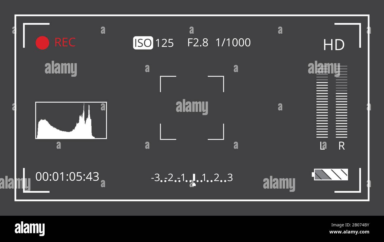Immagine vettoriale della schermata di registrazione della fotocamera. Schermo video e messa a fuoco per la fotografia Illustrazione Vettoriale