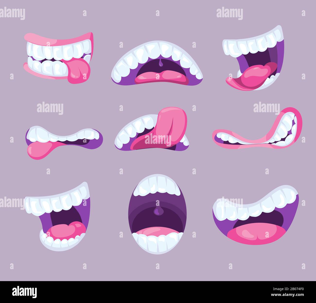 Divertente vettore comico bocche che esprimono diverse emozioni. Faringe divertente con illustrazione dente e lingua rosa Illustrazione Vettoriale