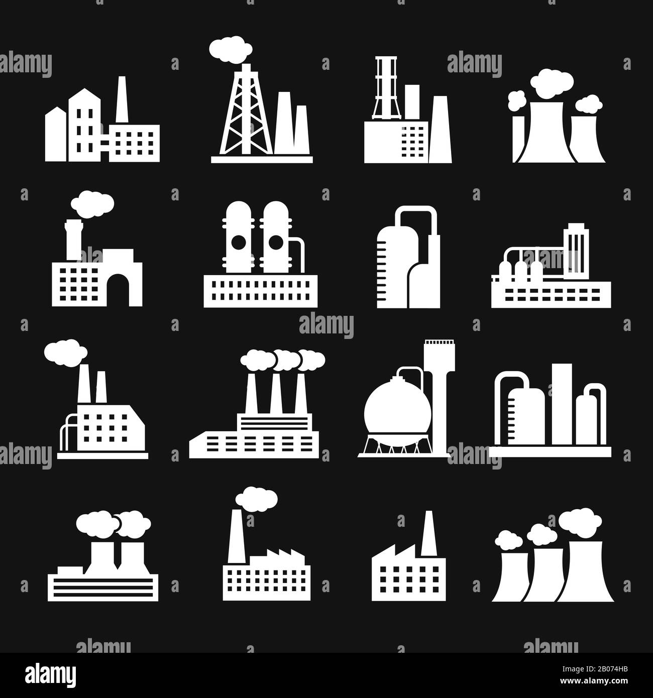 Industria fabbrica di edifici fabbrica e silhouette di impianti icone vettoriali. Produzione industriale e illustrazione della fabbrica di energia Illustrazione Vettoriale