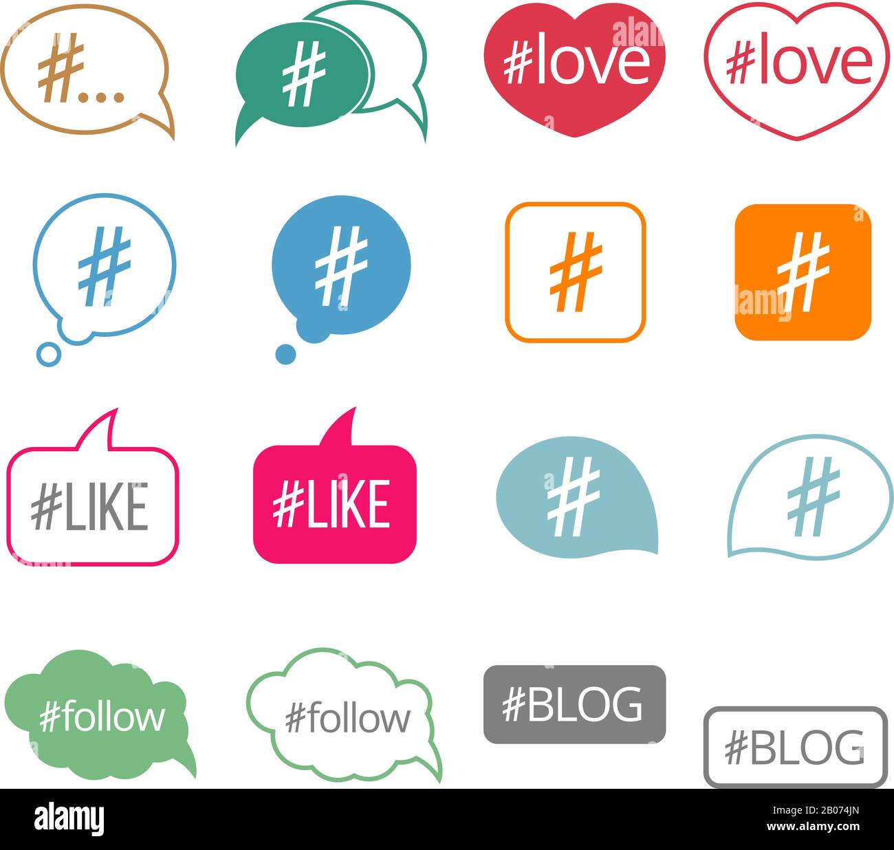 Icone vettoriali piatte hashtag impostate per i social media e per la condivisione delle informazioni Illustrazione Vettoriale