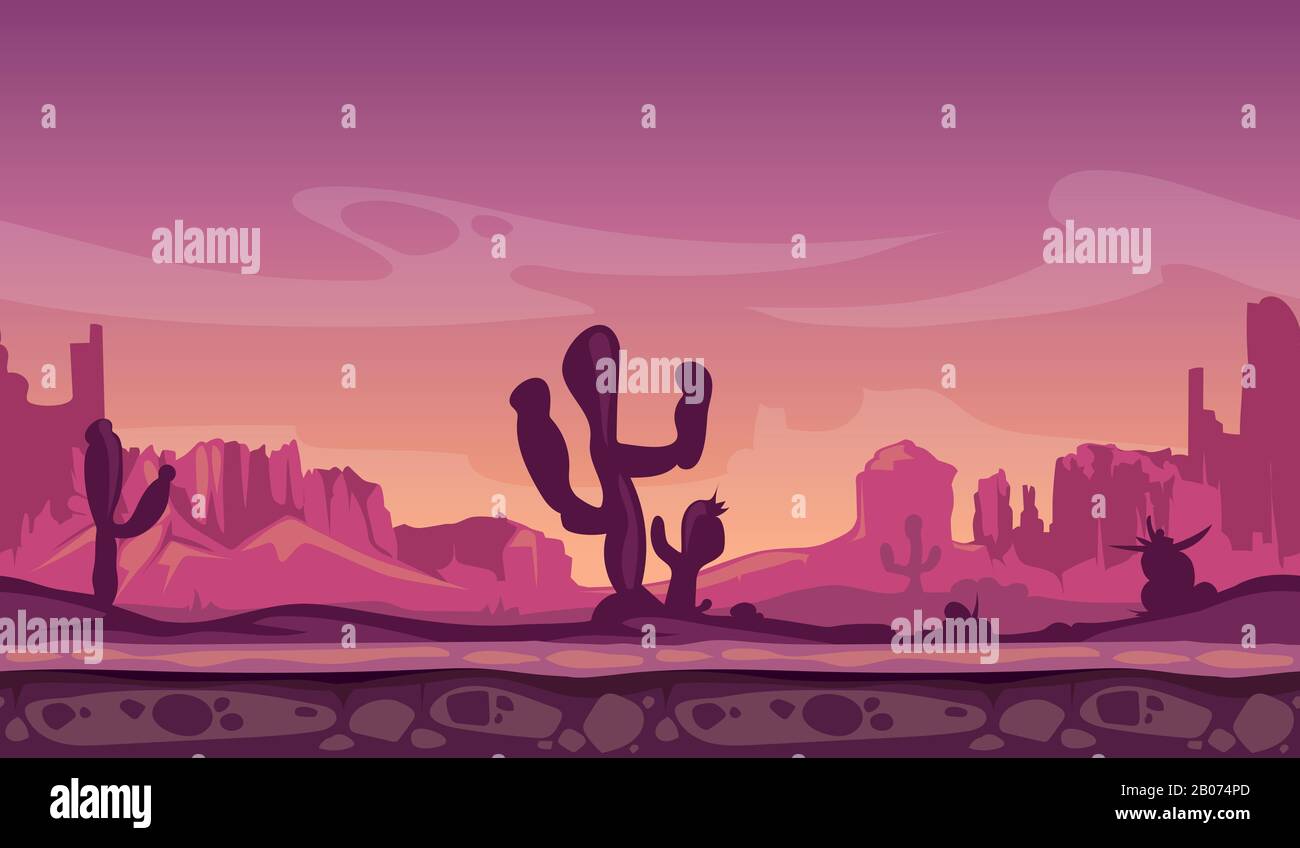 Deserto selvaggio paesaggio cartoon al tramonto con cactus, colline e montagne. Sfondo perfetto per il gioco di computer di interfaccia. Illustrazione del vettore Illustrazione Vettoriale
