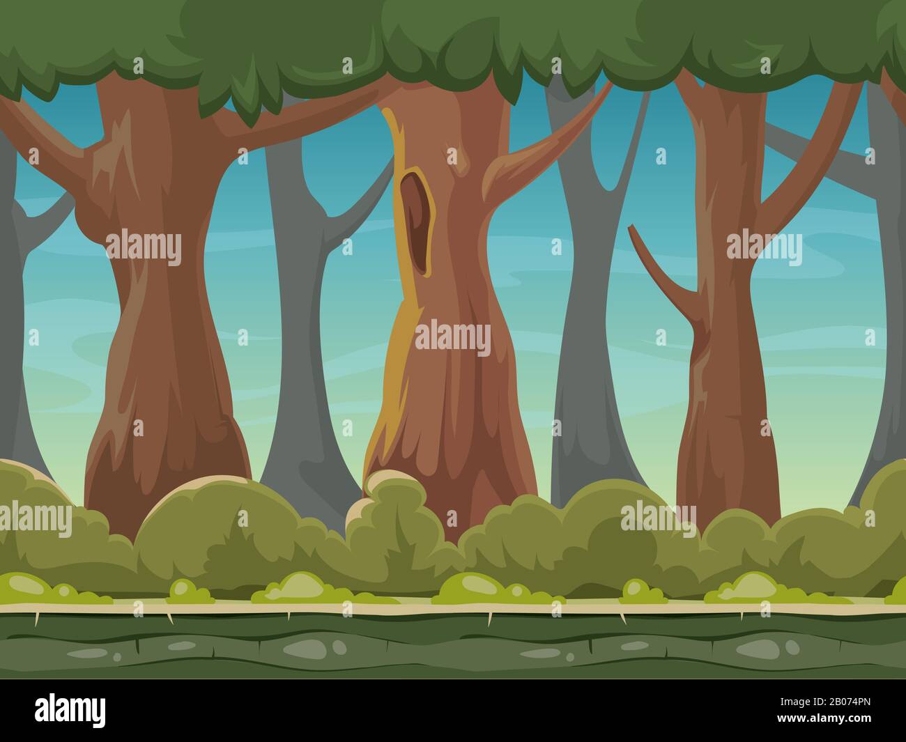 Sfondo vettoriale cartoon Seamless Forest per applicazioni per smartphone e giochi per computer. Legno verde con alberi gui illustrazione Illustrazione Vettoriale