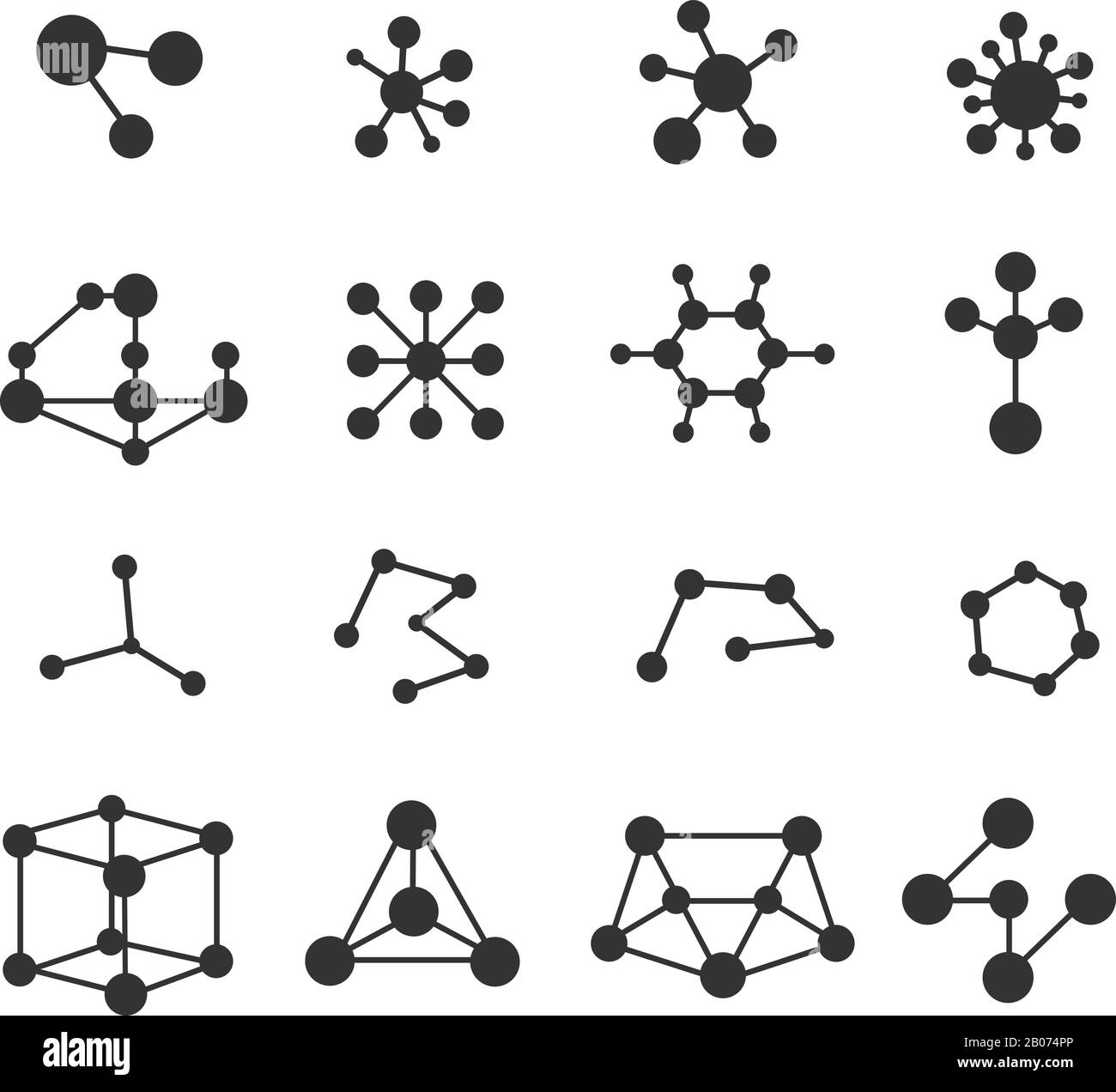 Set di vettori di icone molecole. Ricerca Atom e illustrazione della struttura chimica Illustrazione Vettoriale