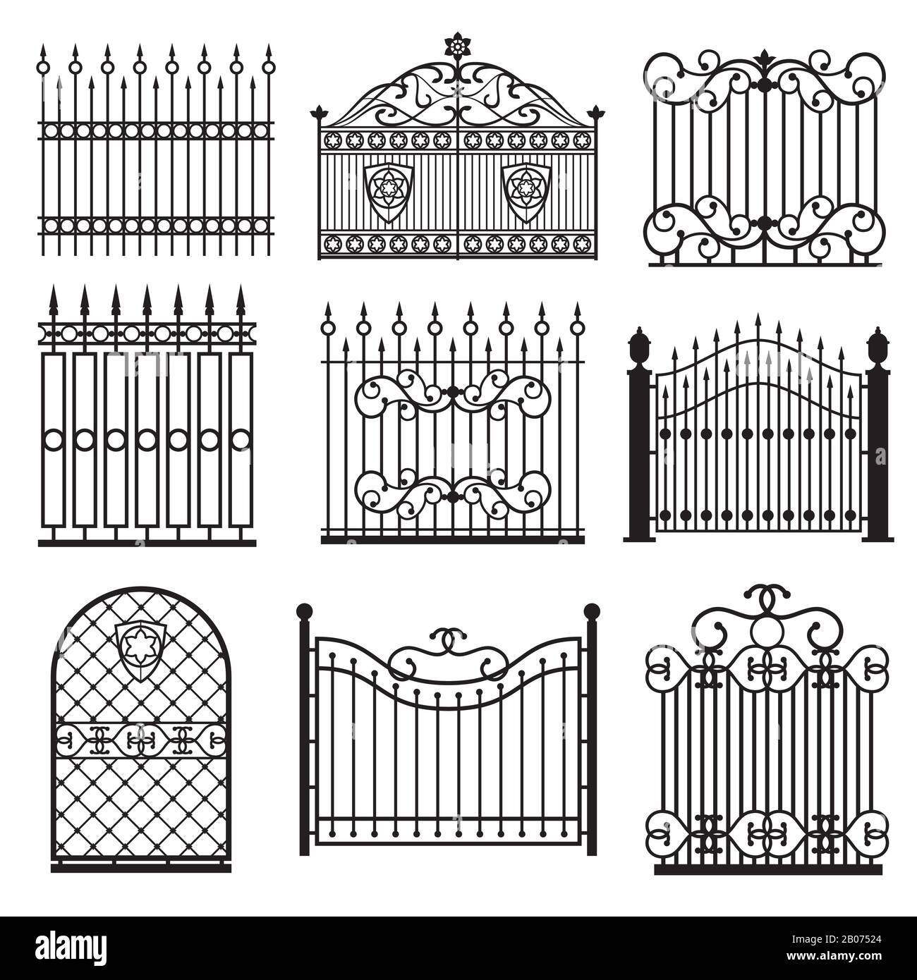 Silhouette nere decorative di recinzioni con set vettore cancelli. Architettura decorazione struttura reticolare illustrazione Illustrazione Vettoriale