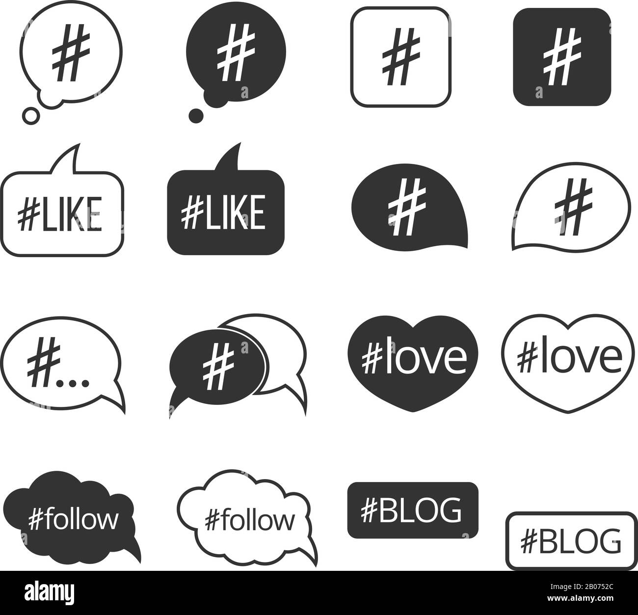 Hashtag post social media vettore icone impostato. Come e seguire, amore tag illustrazione Illustrazione Vettoriale