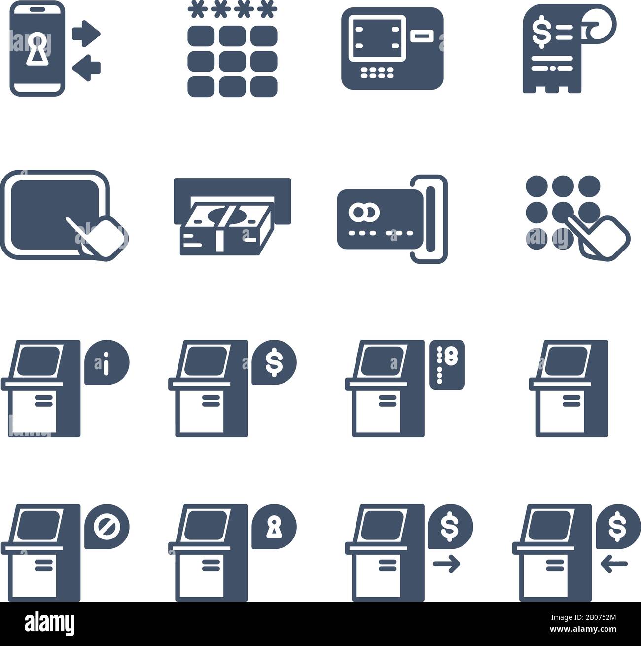 Icone vettoriali per informazioni sui servizi del terminale Kiosk. Display ATM con informazioni Illustrazione Vettoriale