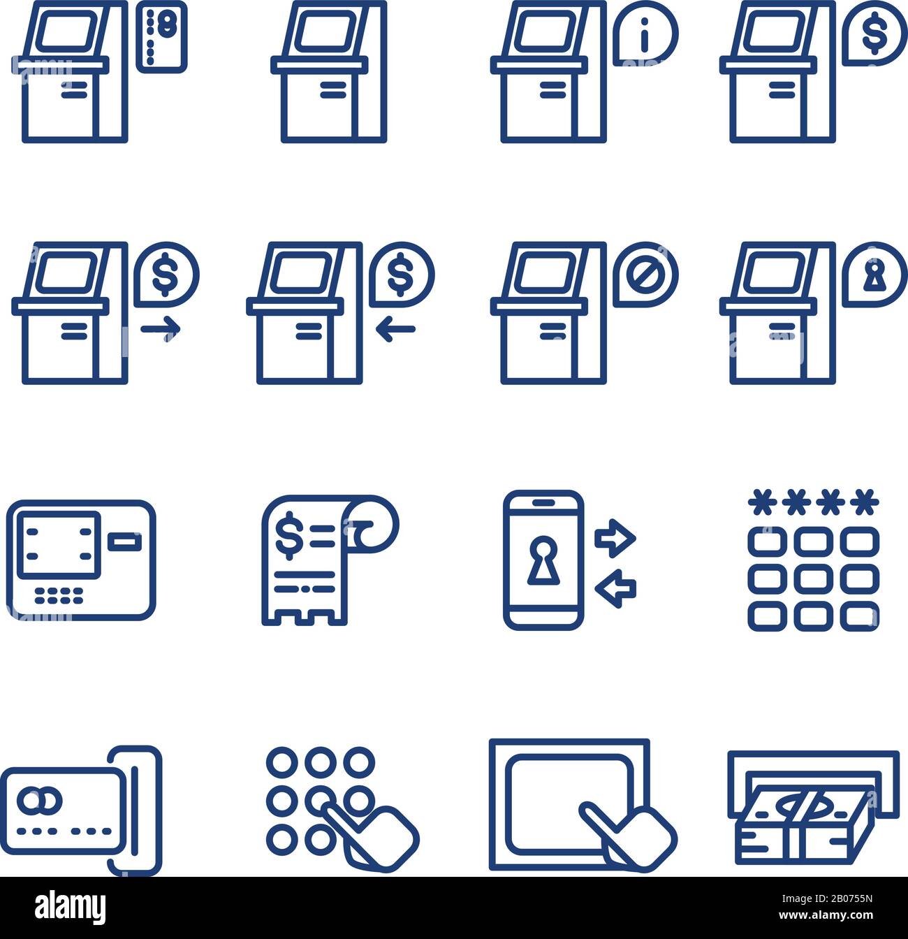 Set di icone di linea sottile vettore terminale ATM. Servizio bancario e monetario, illustrazione delle transazioni di pagamento finanziario Illustrazione Vettoriale