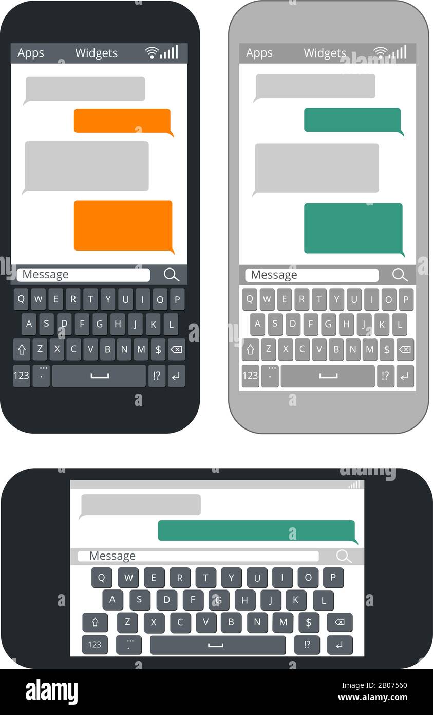 Smartphone con bolle di messaggi di testo vuote e modello vettoriale della tastiera. Messaggistica e messaggi di testo utilizzano l'illustrazione del telefono cellulare intelligente Illustrazione Vettoriale