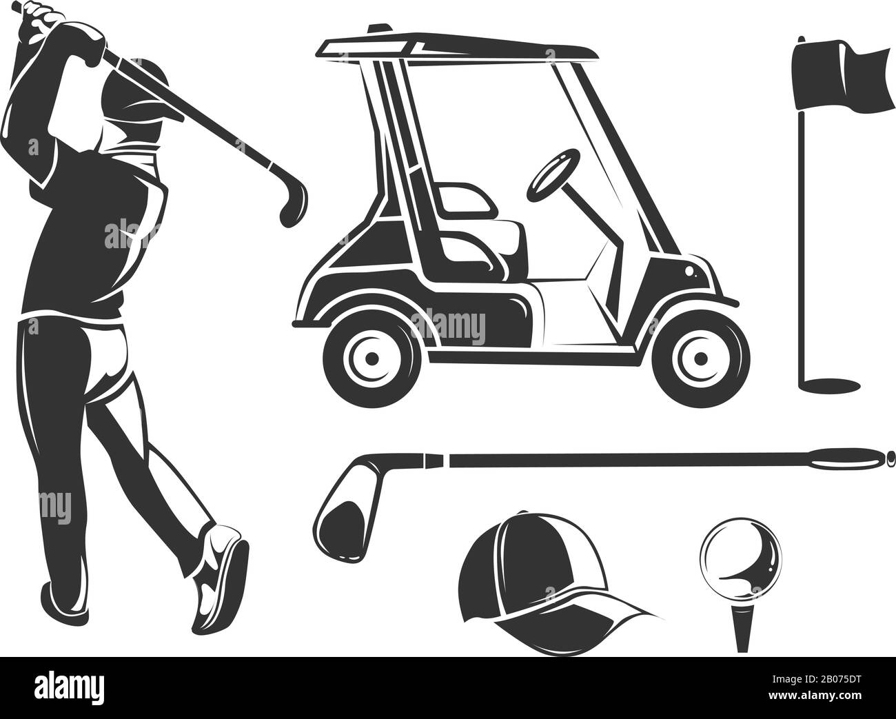 Elementi vettoriali per golf vintage per etichette, emblemi, badge e loghi. Lettore e accessori per l'illustrazione dei giochi Illustrazione Vettoriale