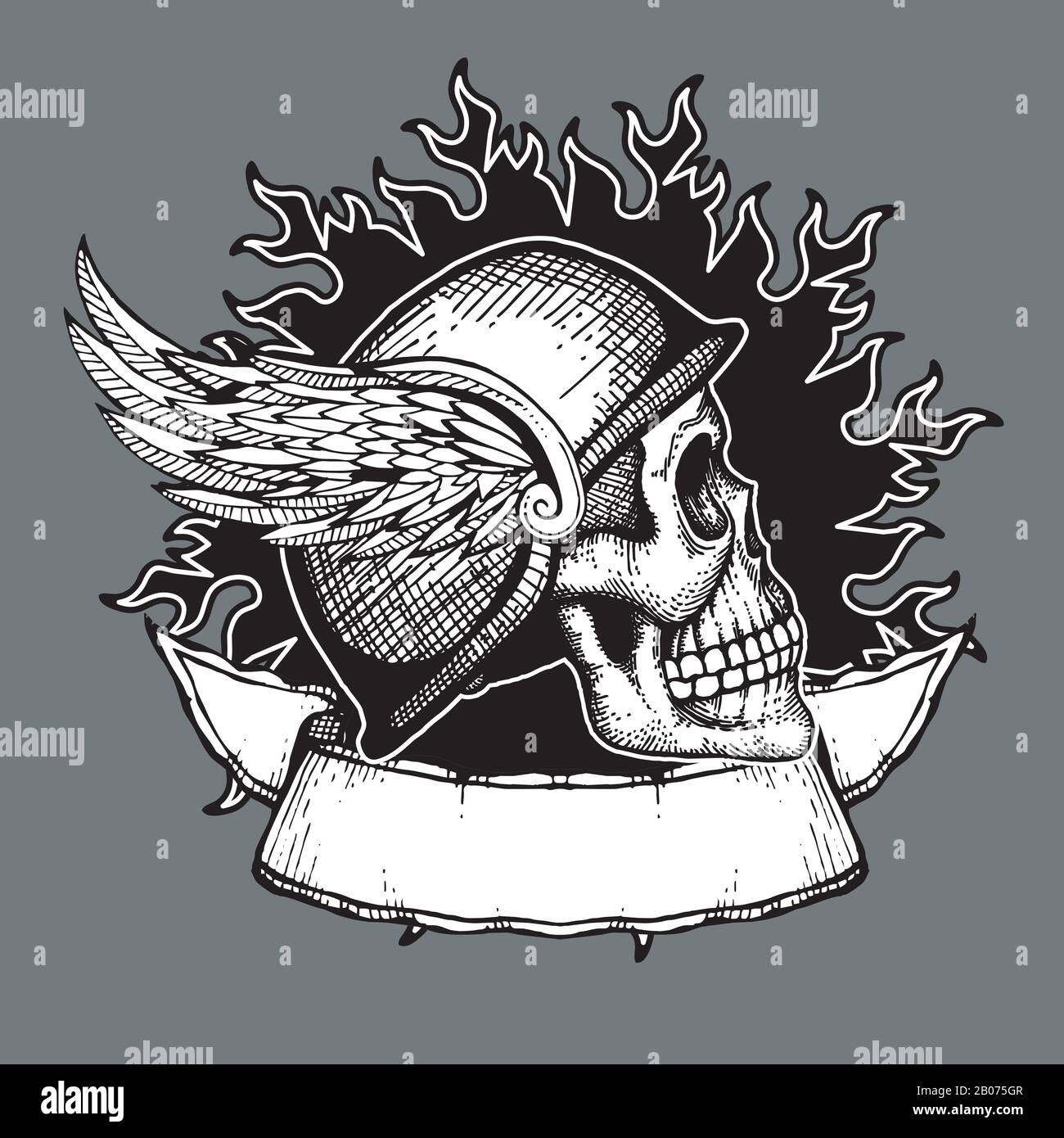 Retro moto vettore t shirt design biker cranio emblema. Casco biker tattoo con illustrazioni ali Illustrazione Vettoriale