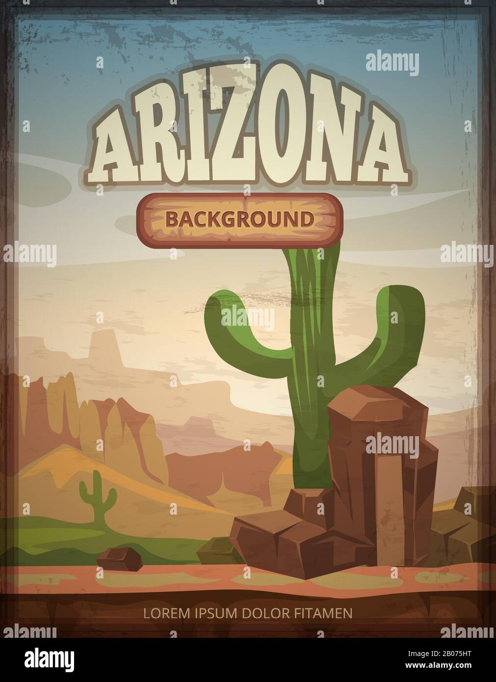 Arizona viaggio retro vettore poster. Banner con illustrazione verde cactus Illustrazione Vettoriale