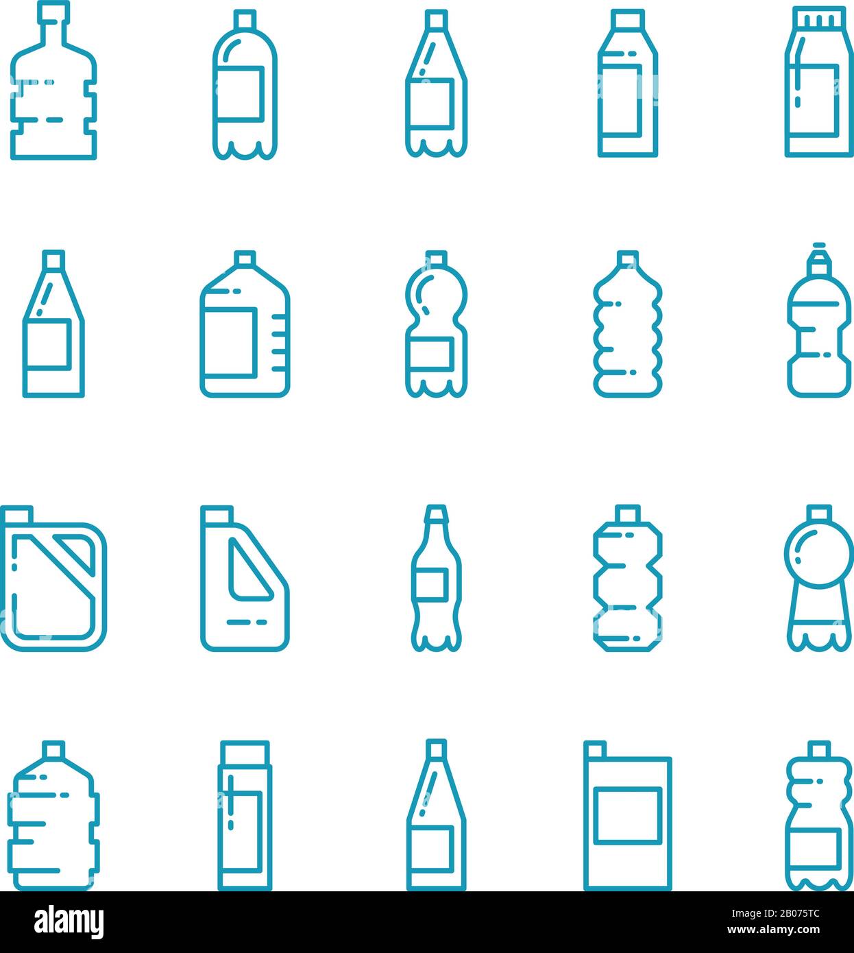 Set di icone vettoriali per linee flaconi in plastica. Contenitore per bevande o latte, jerrycan in stile lineare per l'illustrazione dell'olio Illustrazione Vettoriale