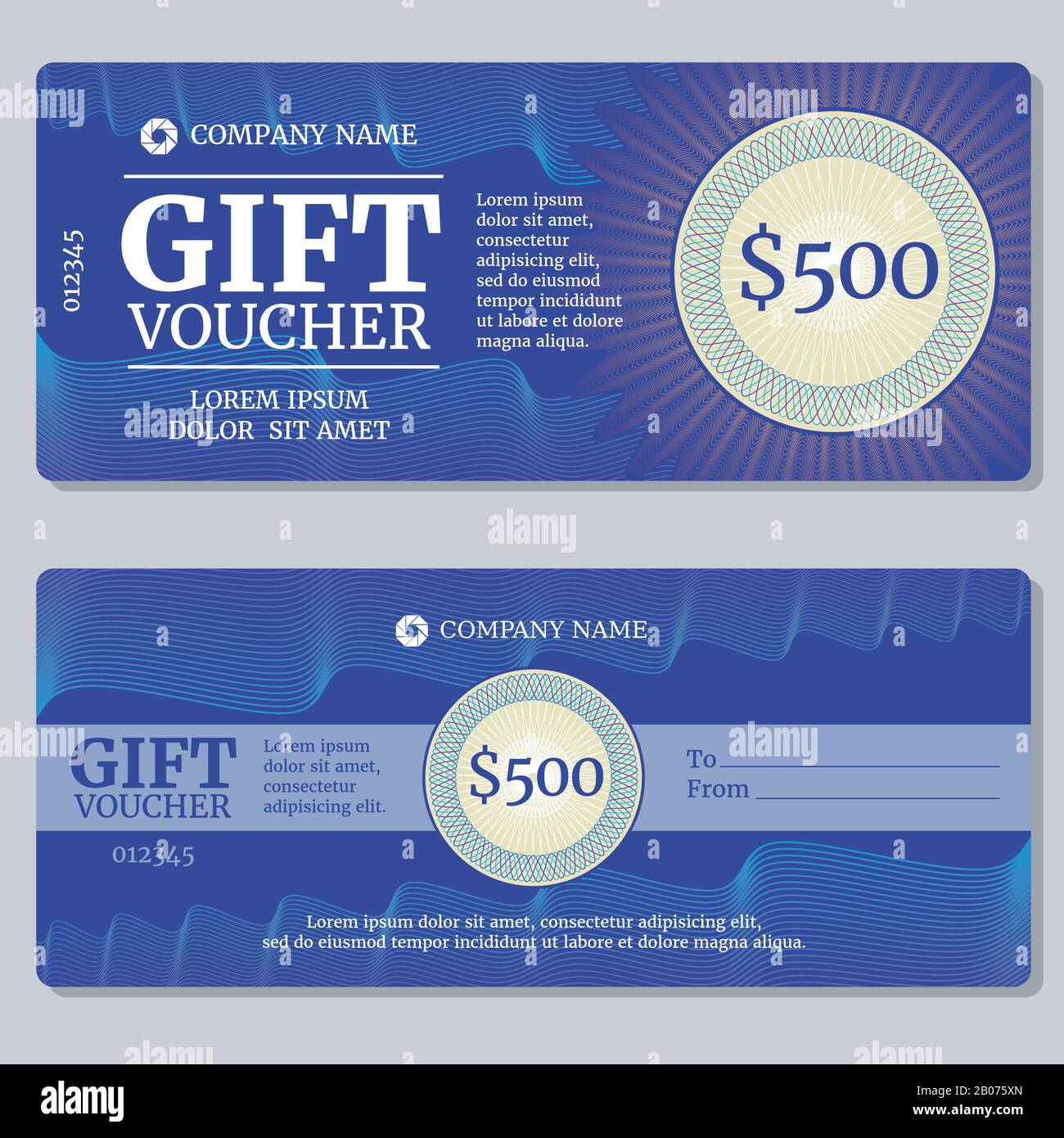 Certificato regalo vintage, voucher, coupon vettore mockup con background di denaro. Modello di banner con filigrana per l'illustrazione del buono regalo Illustrazione Vettoriale