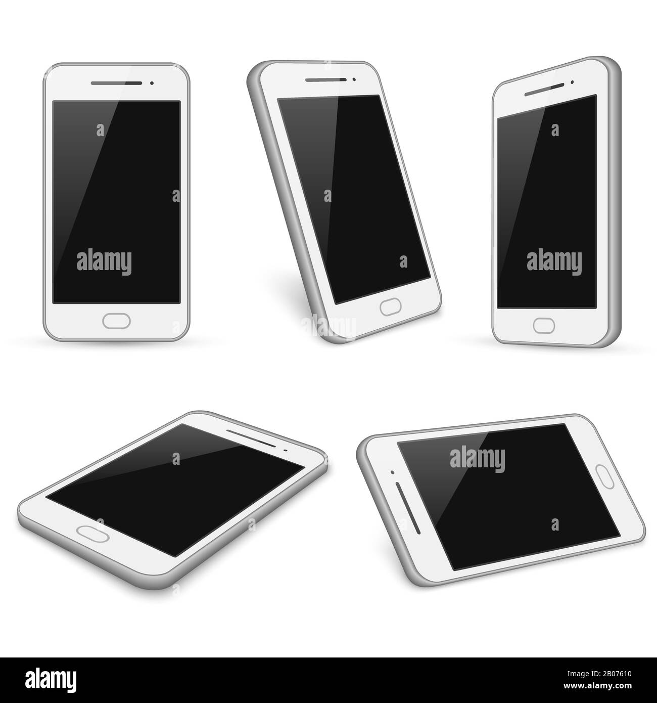 Smartphone realistico bianco, cellulare vettore mockup isolato su sfondo bianco. Dispositivo con display touchscreen Illustrazione Vettoriale