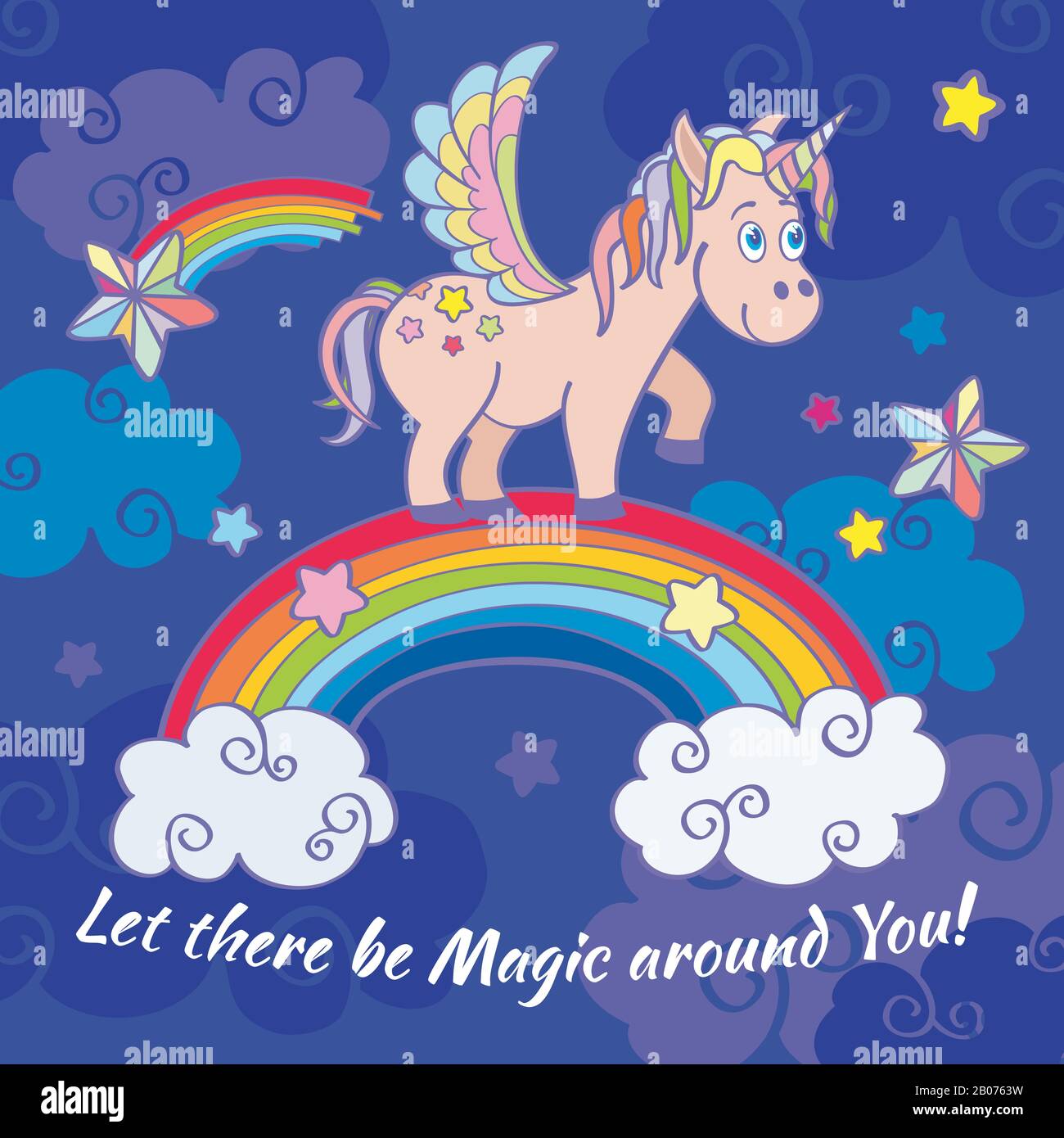 Cute unicorno e arcobaleno vettore fairy sfondo, poster, biglietto di auguri. Buon cavallo sull'immagine arcobaleno Illustrazione Vettoriale