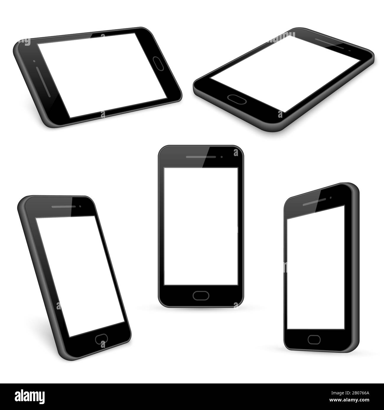 I modelli di telefoni cellulari Vector black sono isolati su bianco. Gadget con touchscreen, telefono e illustrazione smartphone Illustrazione Vettoriale