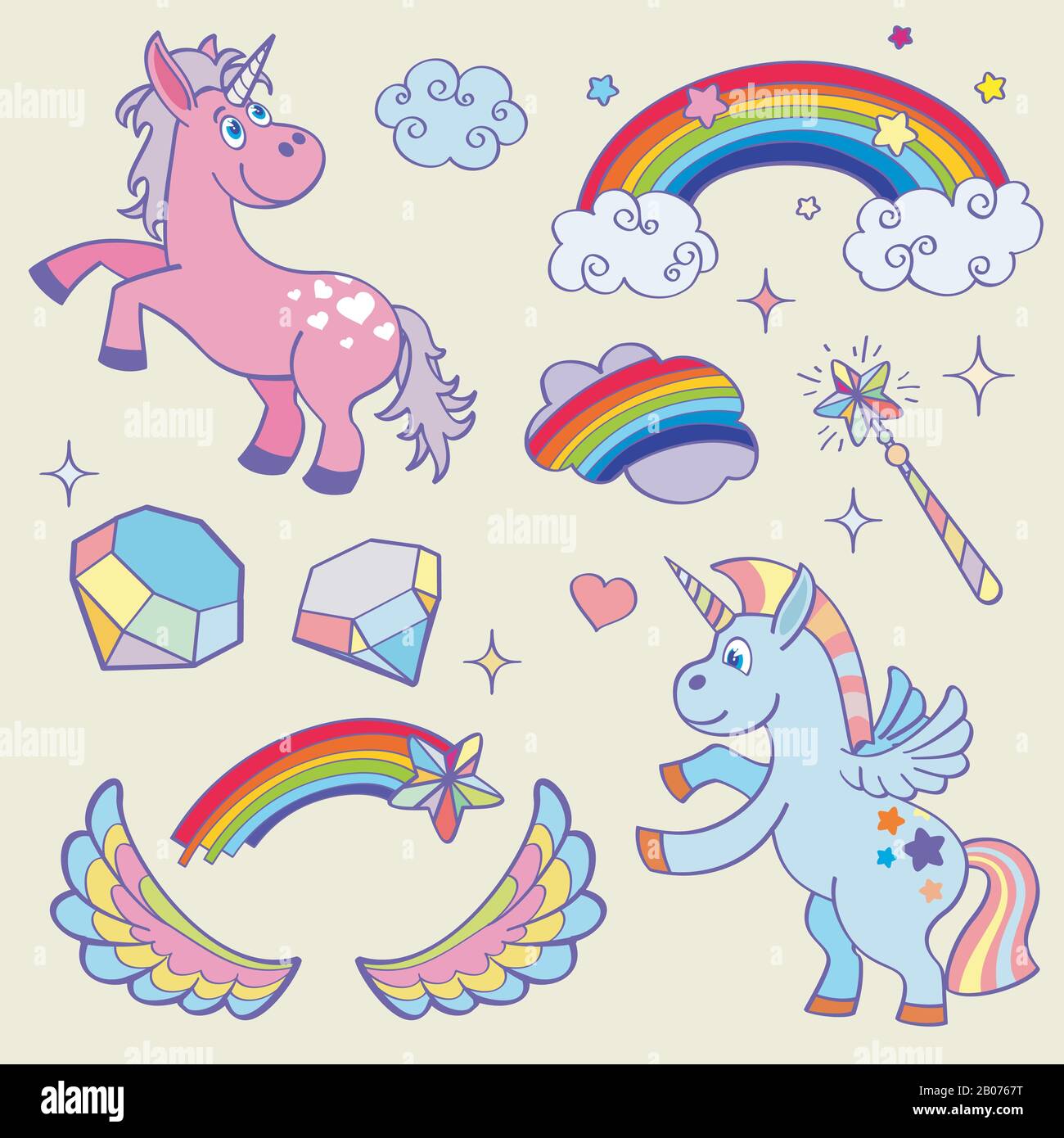 Cute unicorno magico, arcobaleno, ali fairy, bacchetta magica, stelle e cristalli vettore set. Rosa pony e nuvole illustrazione Illustrazione Vettoriale