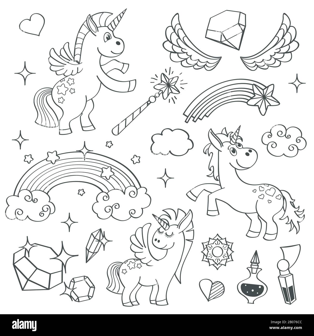 Unicorno magico arcobaleno, ali fairy, bacchetta magica, stelle e cristalli in contorno disegno a mano vettore stile insieme di illustrazione Illustrazione Vettoriale