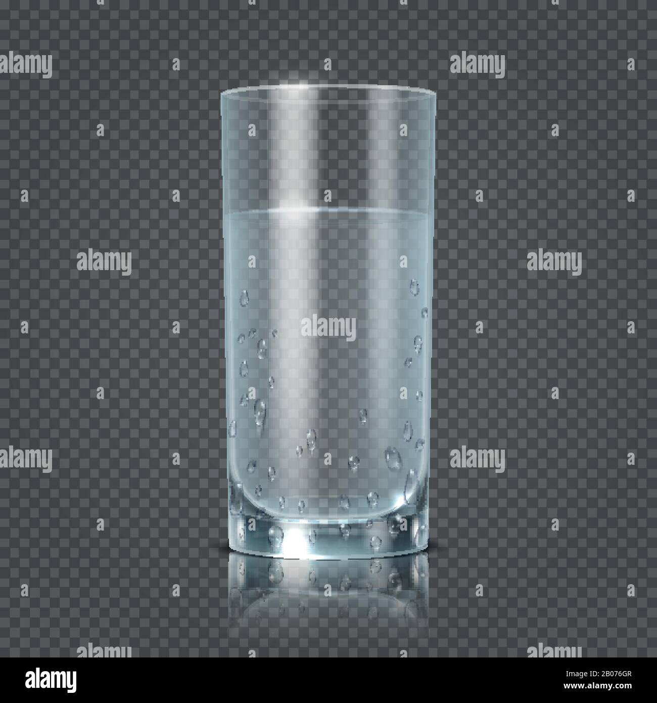 Vetro di acqua isolato su sfondo trasparente a scacchi vettore illustrazione. Tazza con acqua fresca trasparente Illustrazione Vettoriale