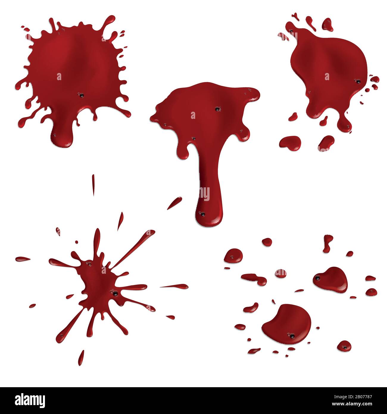 Set di vettori per campioni ematici e gocce di sangue realistici. Illustrazione dell'inchiostro rosso Illustrazione Vettoriale