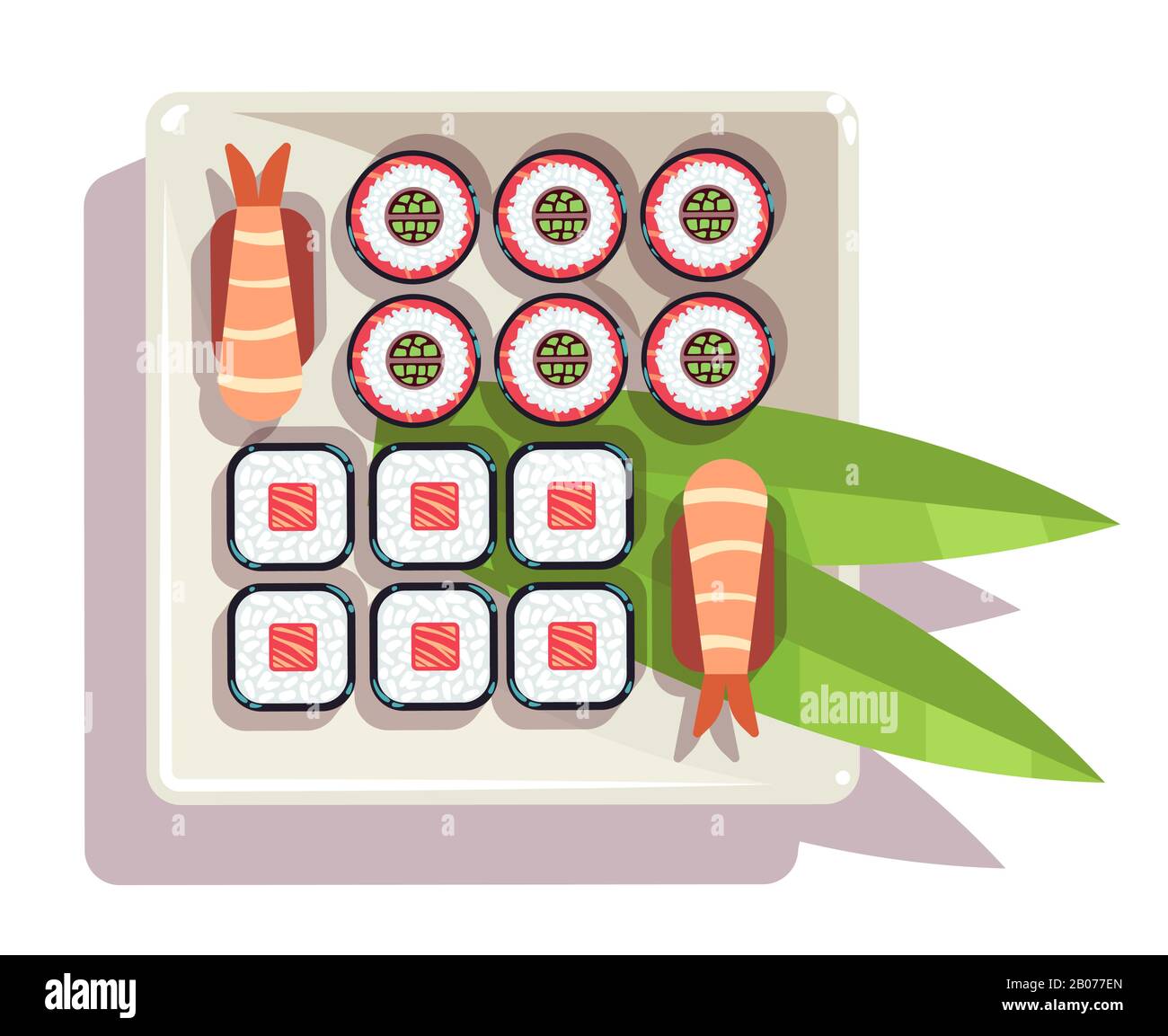 Sushi giapponese su un vettore piatto illustrazione. Deliziosa cucina tradizionale con bastoncini Illustrazione Vettoriale