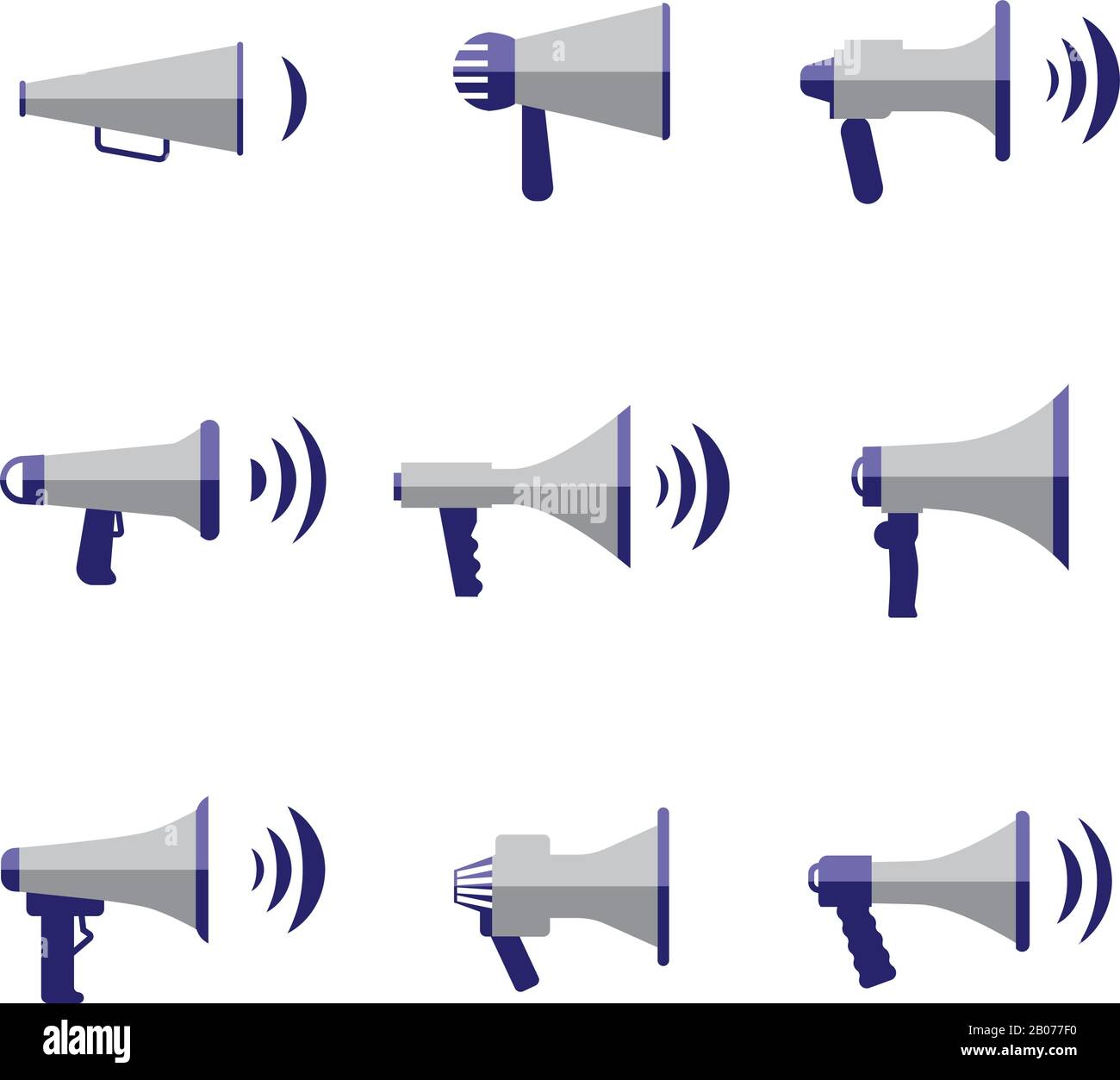 Bullhorn e megafono, comunicazione, suono, altoparlanti vettore flat icone set. Illustrazione del produttore di musica Illustrazione Vettoriale