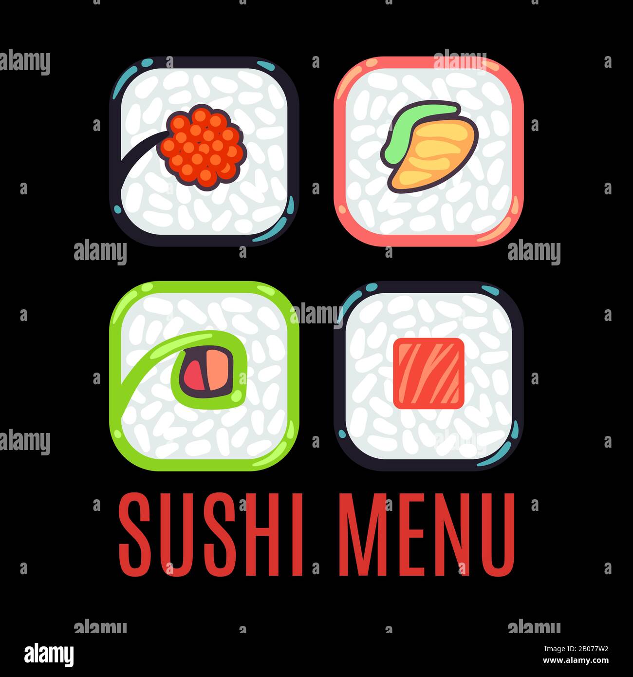 Menu sushi food logo vettore modello nero. Logotipo per illustrazione ristorante Illustrazione Vettoriale