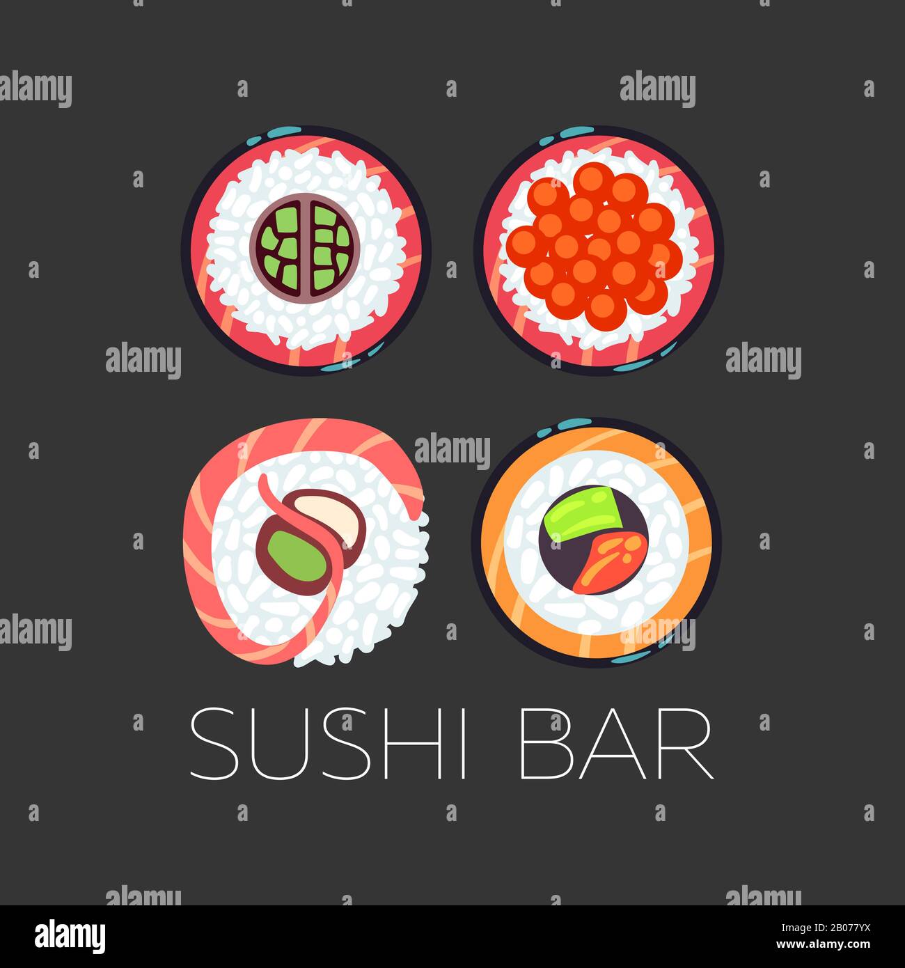 Modello vettoriale logo food sushi bar nero. Set di emblema per l'illustrazione del ristorante Illustrazione Vettoriale