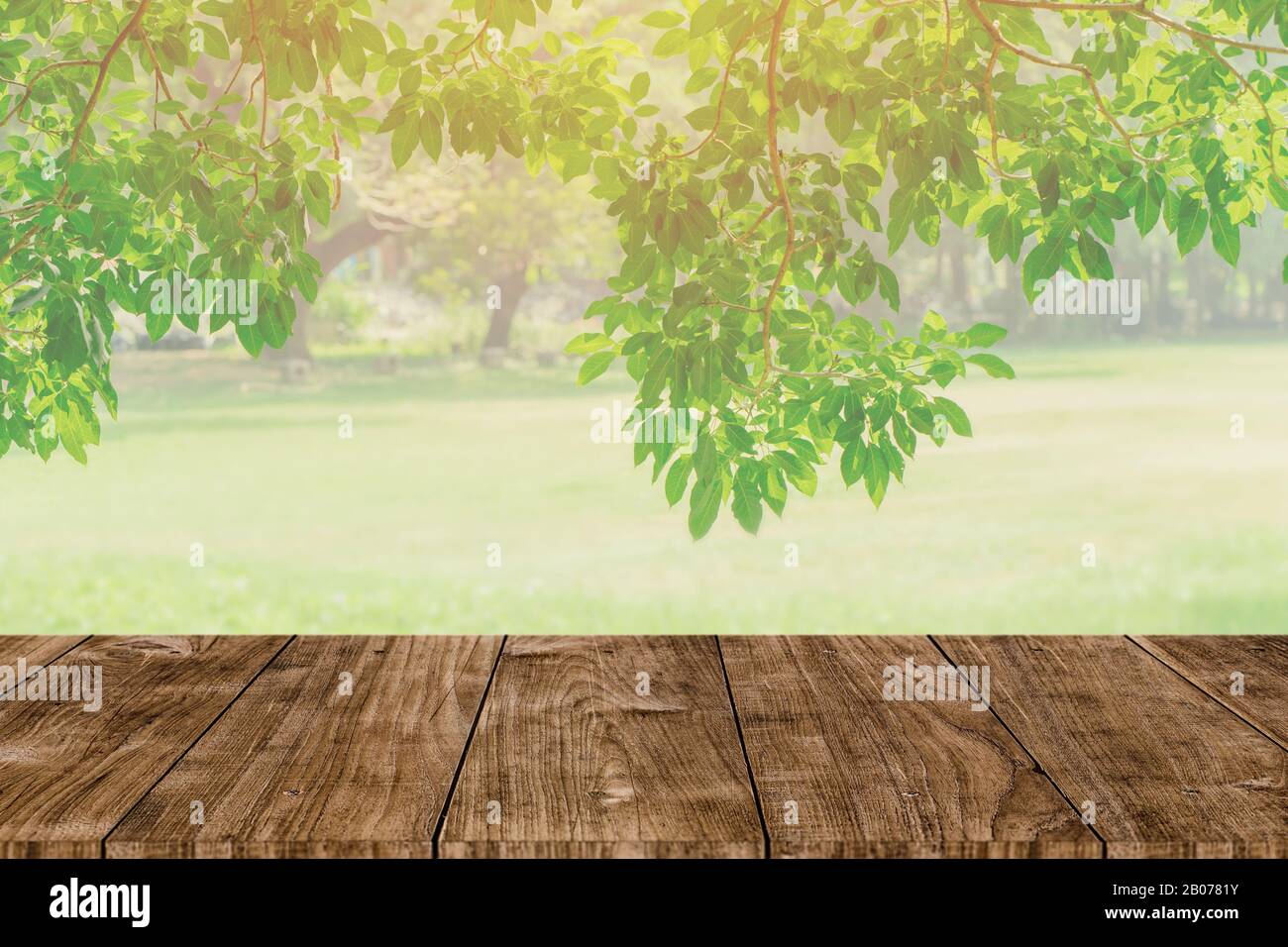 Tavolo in legno su sfocatura abstract verde albero giardino in background mattina. Parco naturale per montaggio prodotto display o design chiave layout visivo Foto Stock