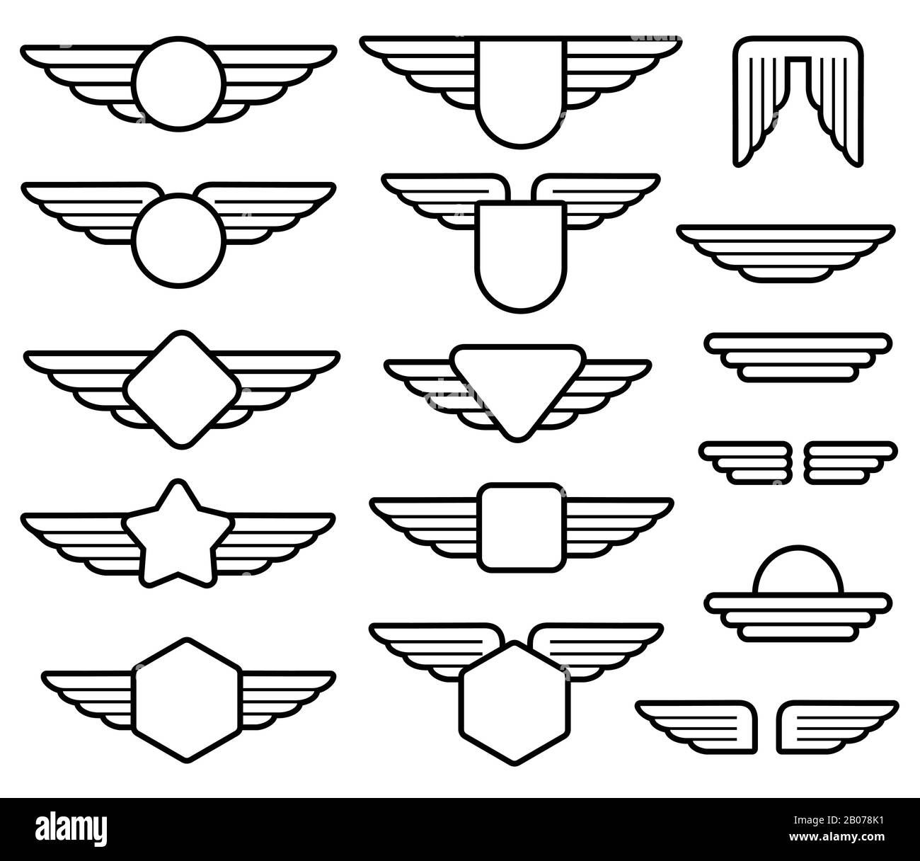 Emblemi dell'esercito dell'ala, distintivi dell'aviazione, insieme di vettori di linea di etichette pilota. Scudo con le ali insegne illustrazione Illustrazione Vettoriale