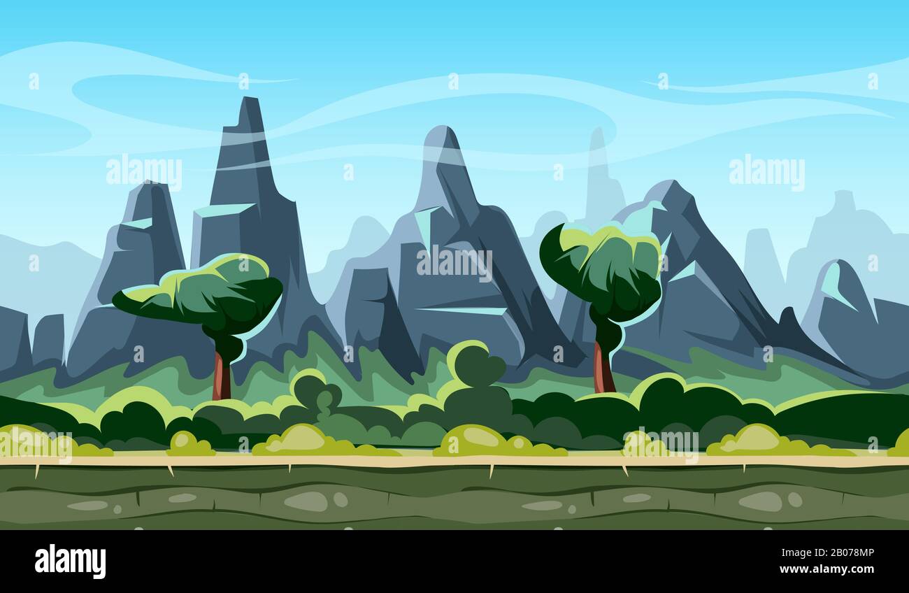 Paesaggio cartoon natura con alberi, montagne, cielo blu e nuvole. Sfondo vettoriale perfetto per applicazioni per smartphone e giochi per computer. Illustrazione del vettore Illustrazione Vettoriale