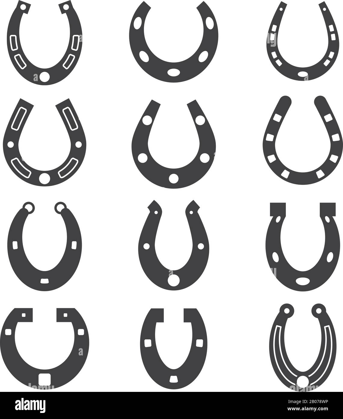 Icone vettoriali Horseshoe, set di simboli fortunati. Illustrazione della silhouette della scarpa da cavallo Illustrazione Vettoriale