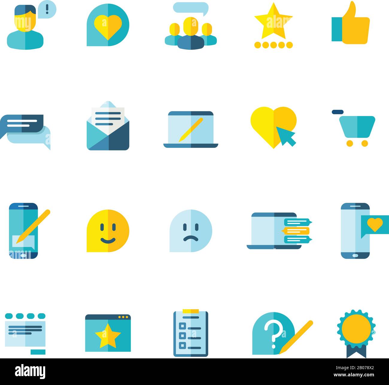 Servizio clienti, fedeltà dei clienti, classificazione, revisione flat set di icone vettoriali. Illustrazione del commento dell'utente e del feedback di opinione Illustrazione Vettoriale