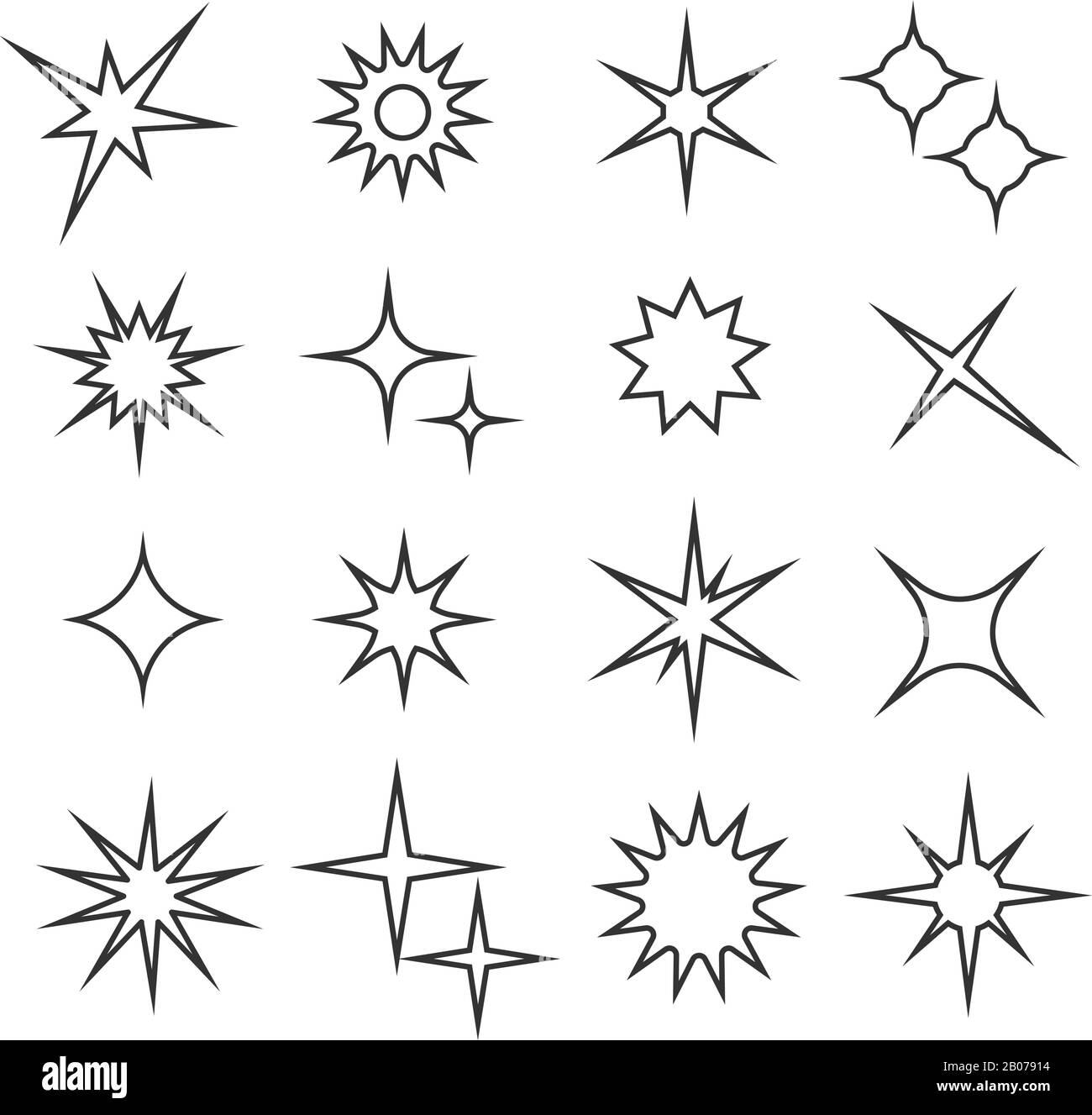 Sparkles, luci a scintillio icone vettore linea. Illustrazione lineare a stella brillante, stile linea solare Illustrazione Vettoriale