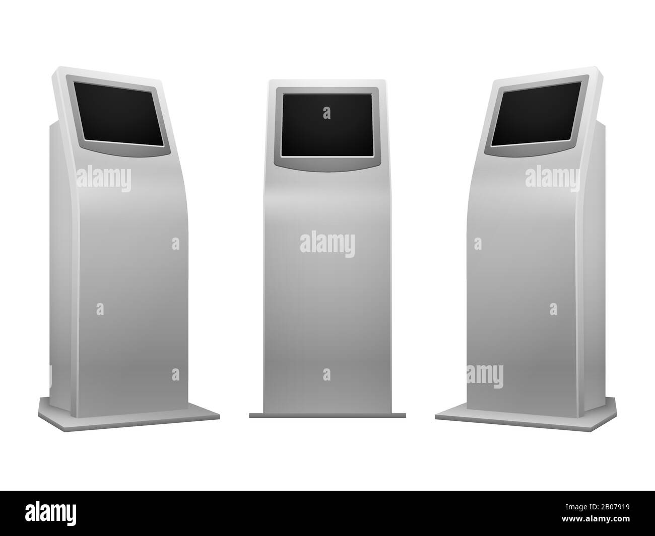 Chiosco interattivo con display stand pubblicitario elettronico con immagine vettoriale touchscreen. Terminale mockup con servizio informazioni Illustrazione Vettoriale