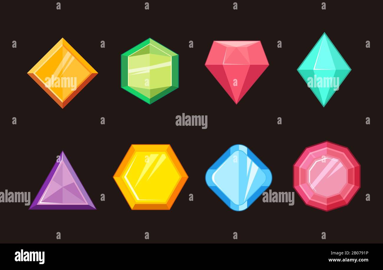 Cartoon gemme gioielli diamante brillante vettore set. Pietre preziose e cristallo, elementi in vetro prezioso illustrazione Illustrazione Vettoriale