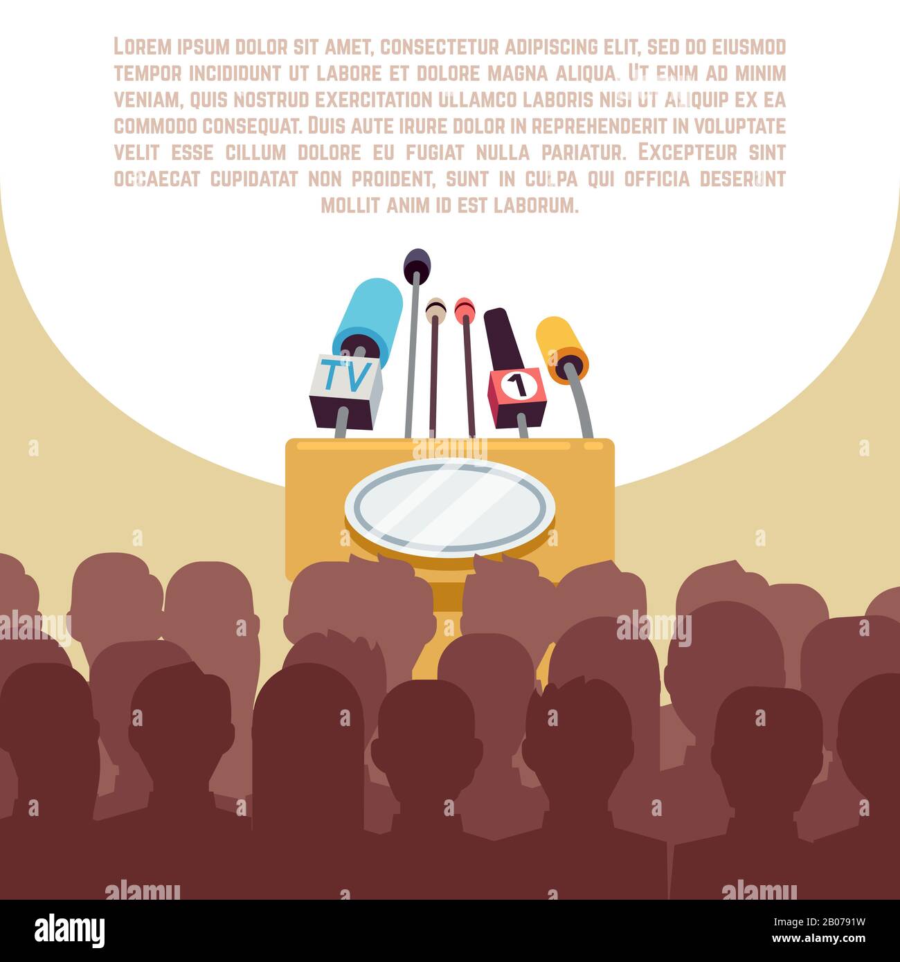 Rostro, tribune con microfoni in primo piano sul vettore di scena illustrazione. Conferenza politica banner, reportage e briefing Illustrazione Vettoriale