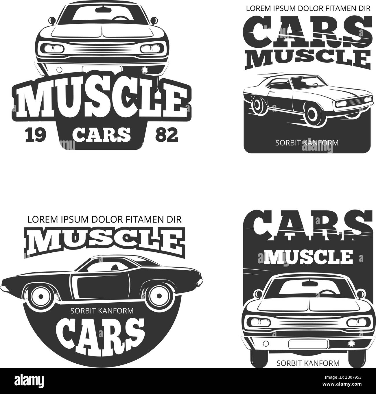 Classico vettore auto muscolare vintage. Modello di etichette, logo, emblemi, badge per l'illustrazione del motore per la manutenzione e il garage Illustrazione Vettoriale