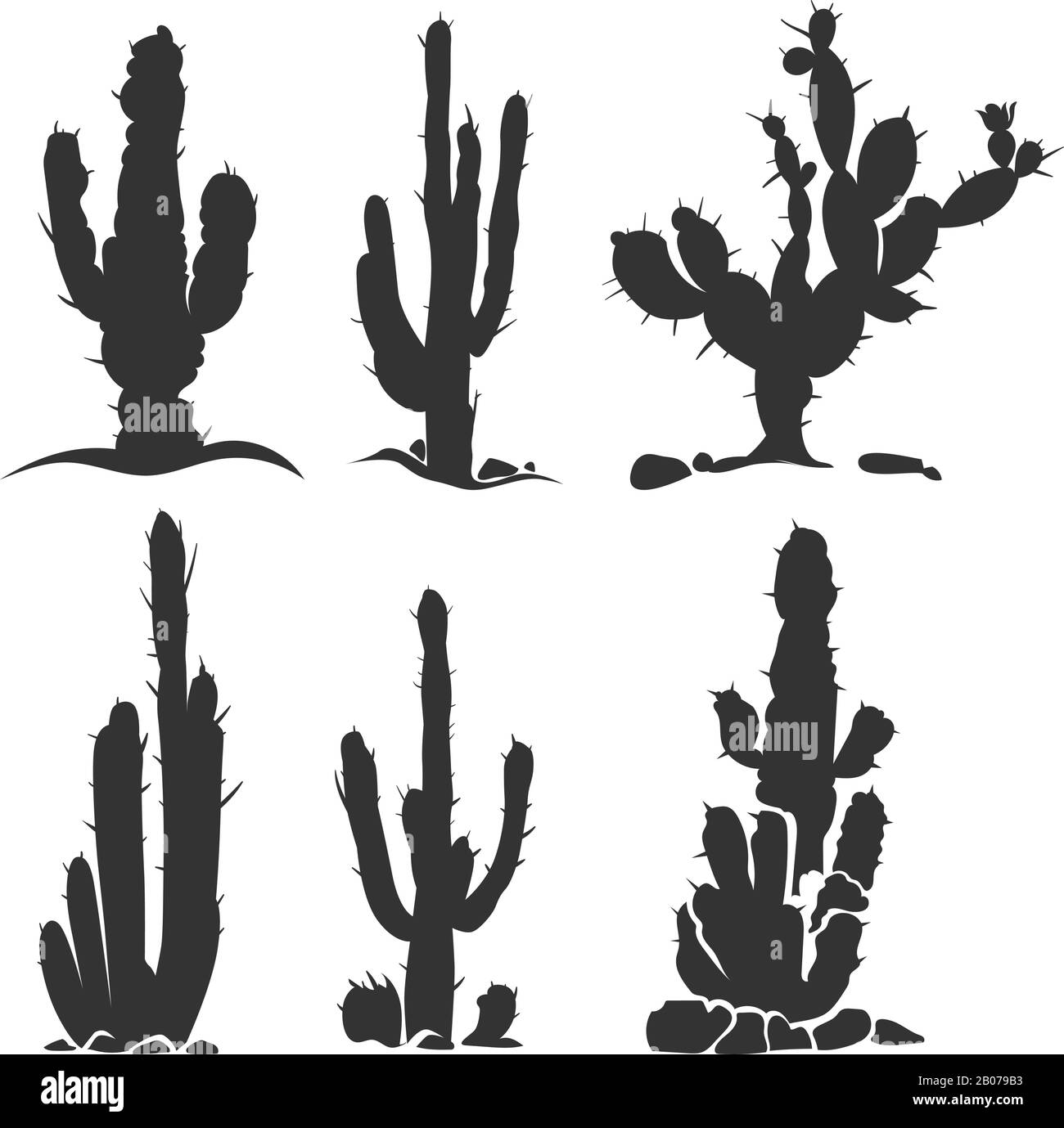 Desert cactus vettore silhouette piante isolato su bianco. Illustrazione di un impianto monocromatico Illustrazione Vettoriale