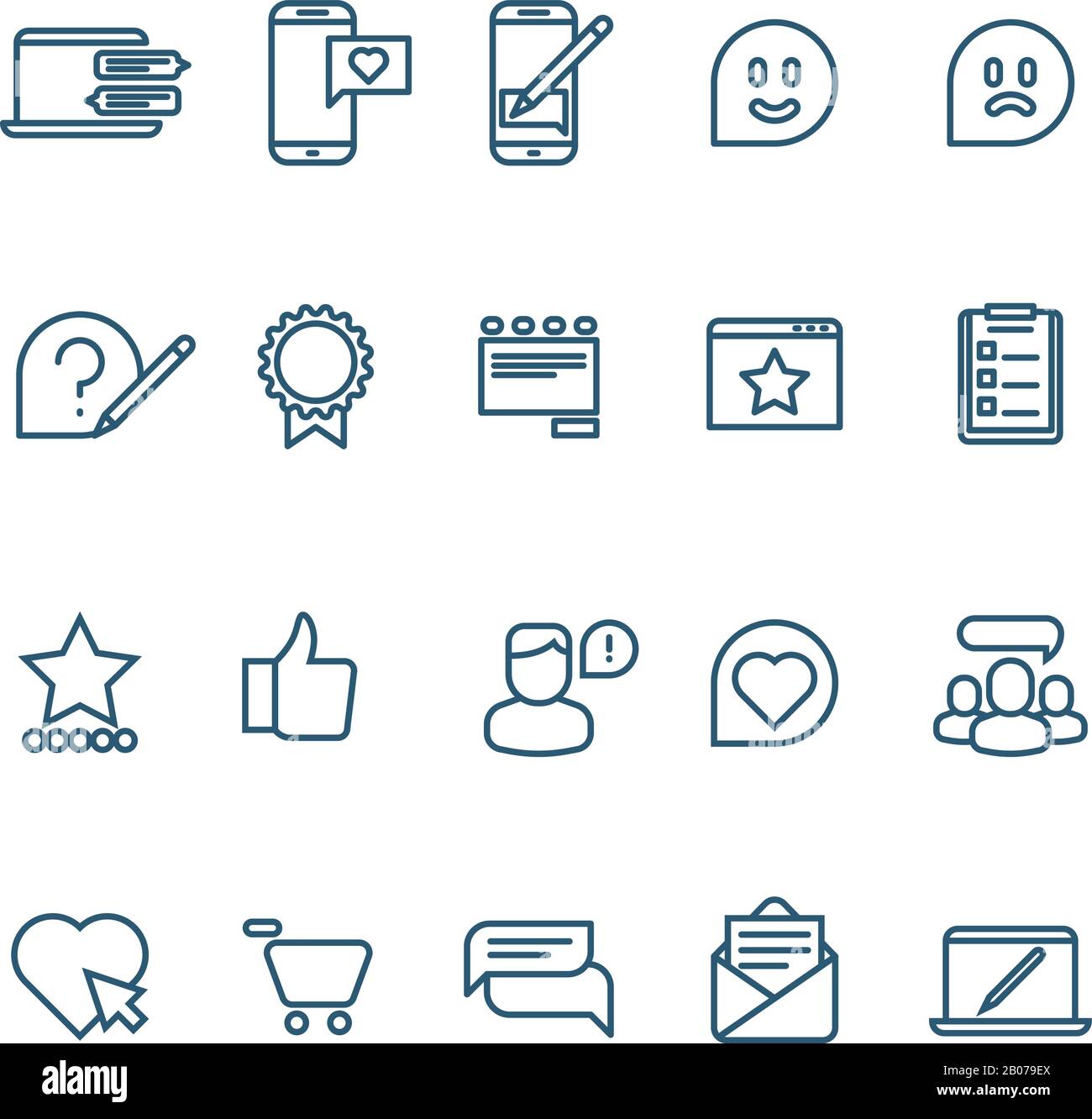 Testimonianze, relazioni con i clienti, feedback, domande di icone vettoriali a linee sottili. Illustrazione del supporto e della comunicazione Illustrazione Vettoriale